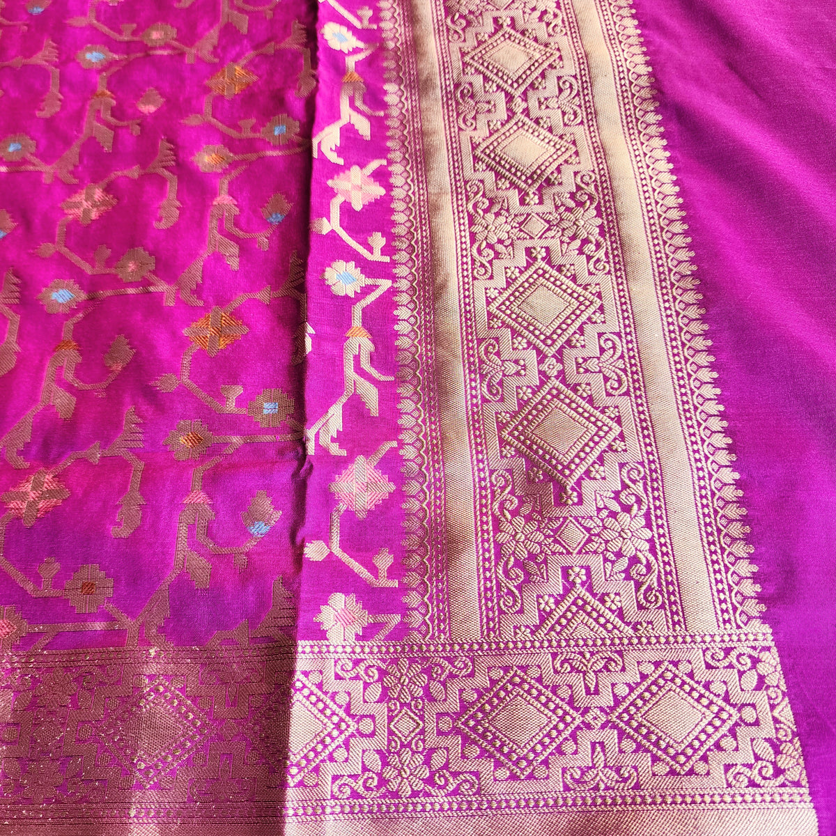 Golden Grid Banarasi Silk Dupatta with Meenakari Work in Wine