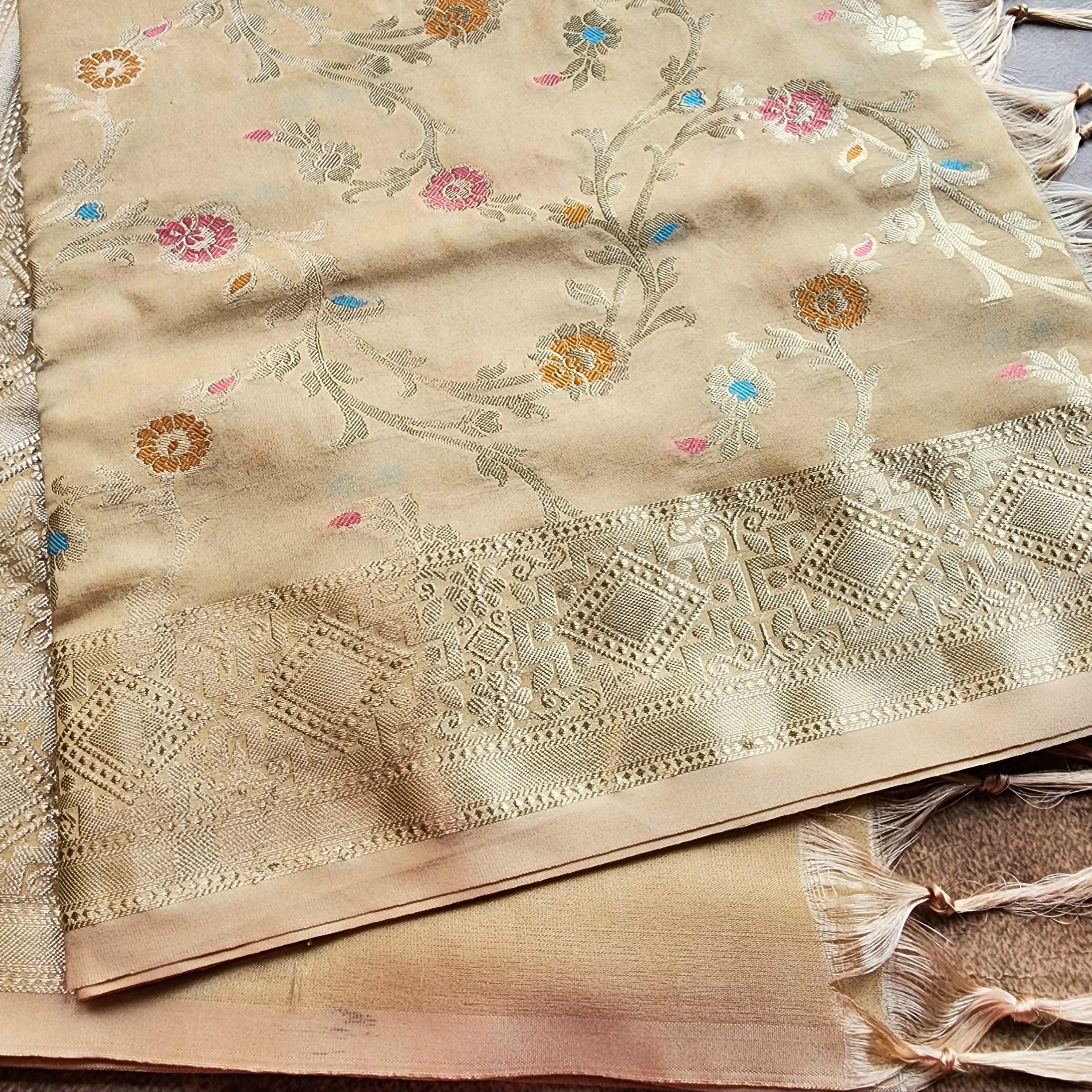 Golden Grid Banarasi Silk Dupatta with Meenakari Work in Beige