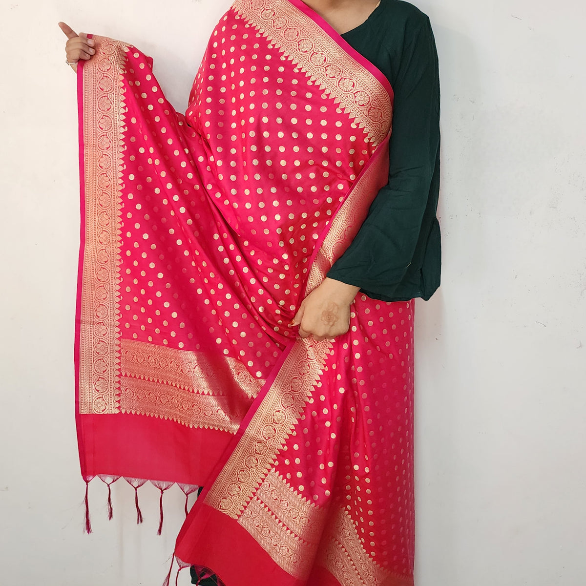 Fuchsia Banarasi Silk Dupatta with Gold Polka Dot