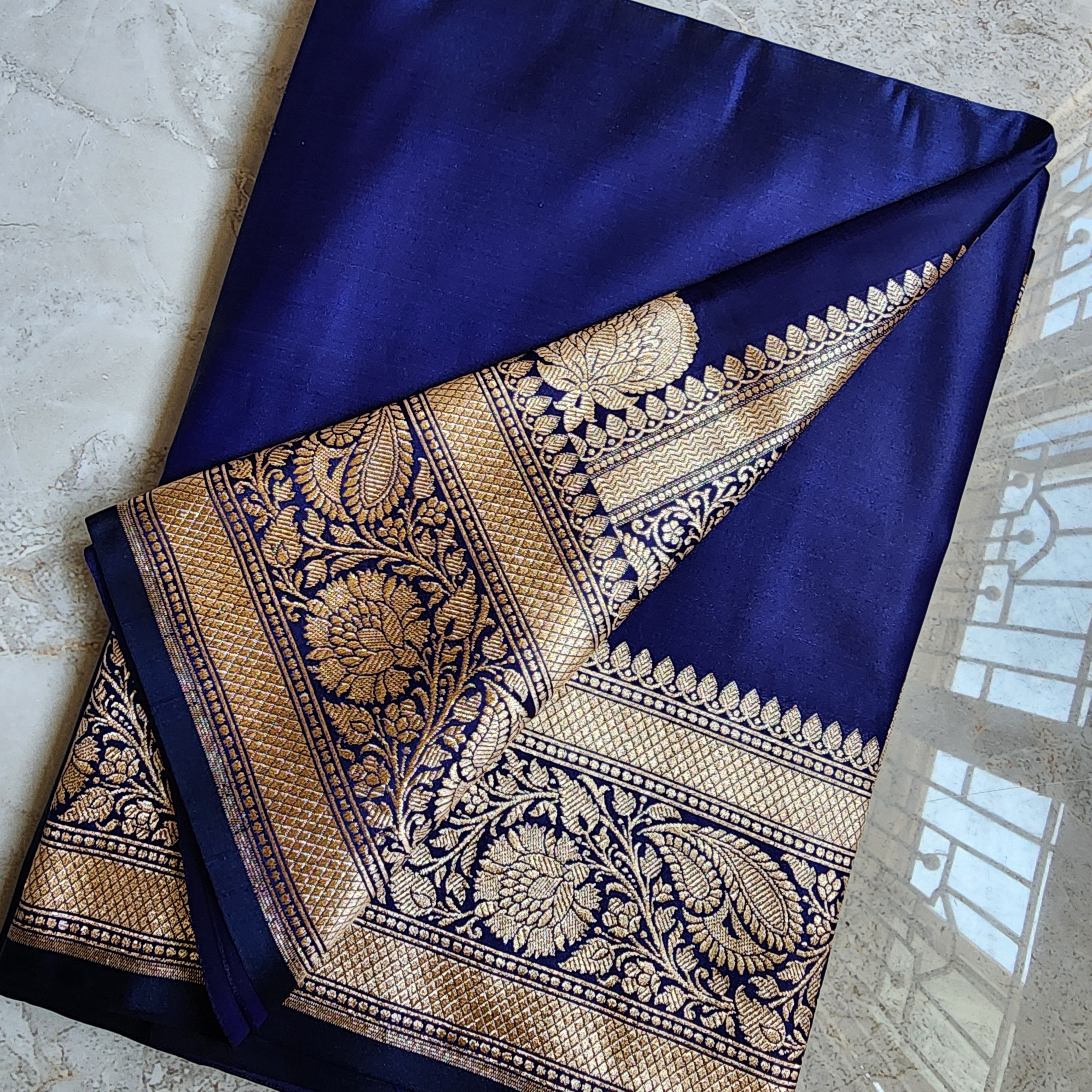Royal Blue Pure Banarasi Katan Silk Saree with light Gold Zari Weaving