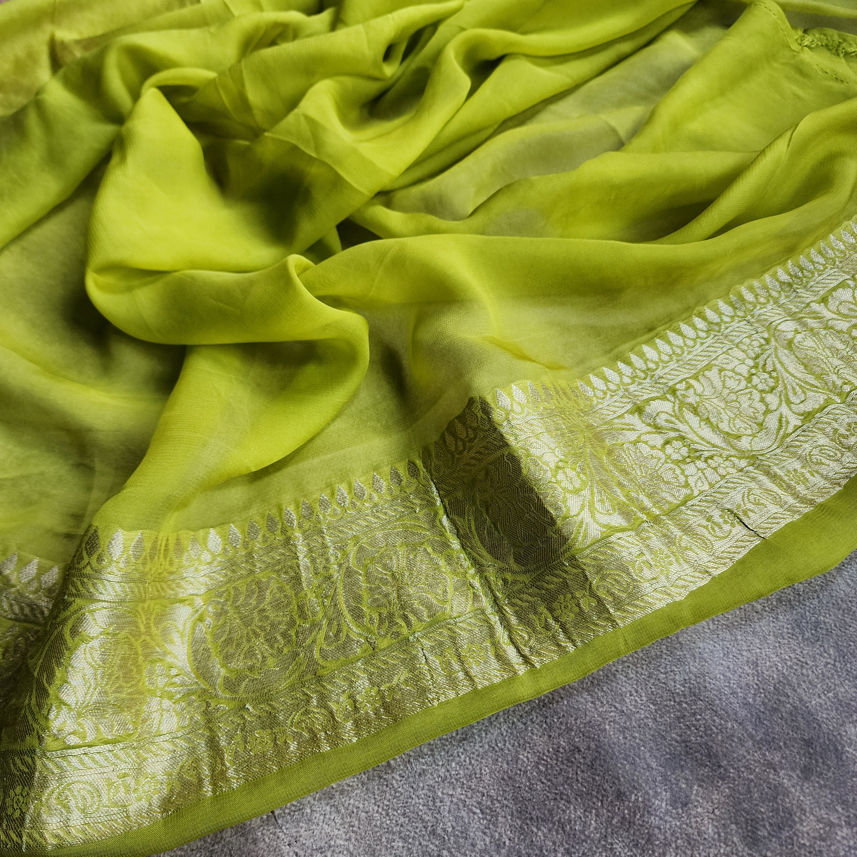 Mehndi Green Pure Khaddi Georgette Banarasi Saree with Golden Zari