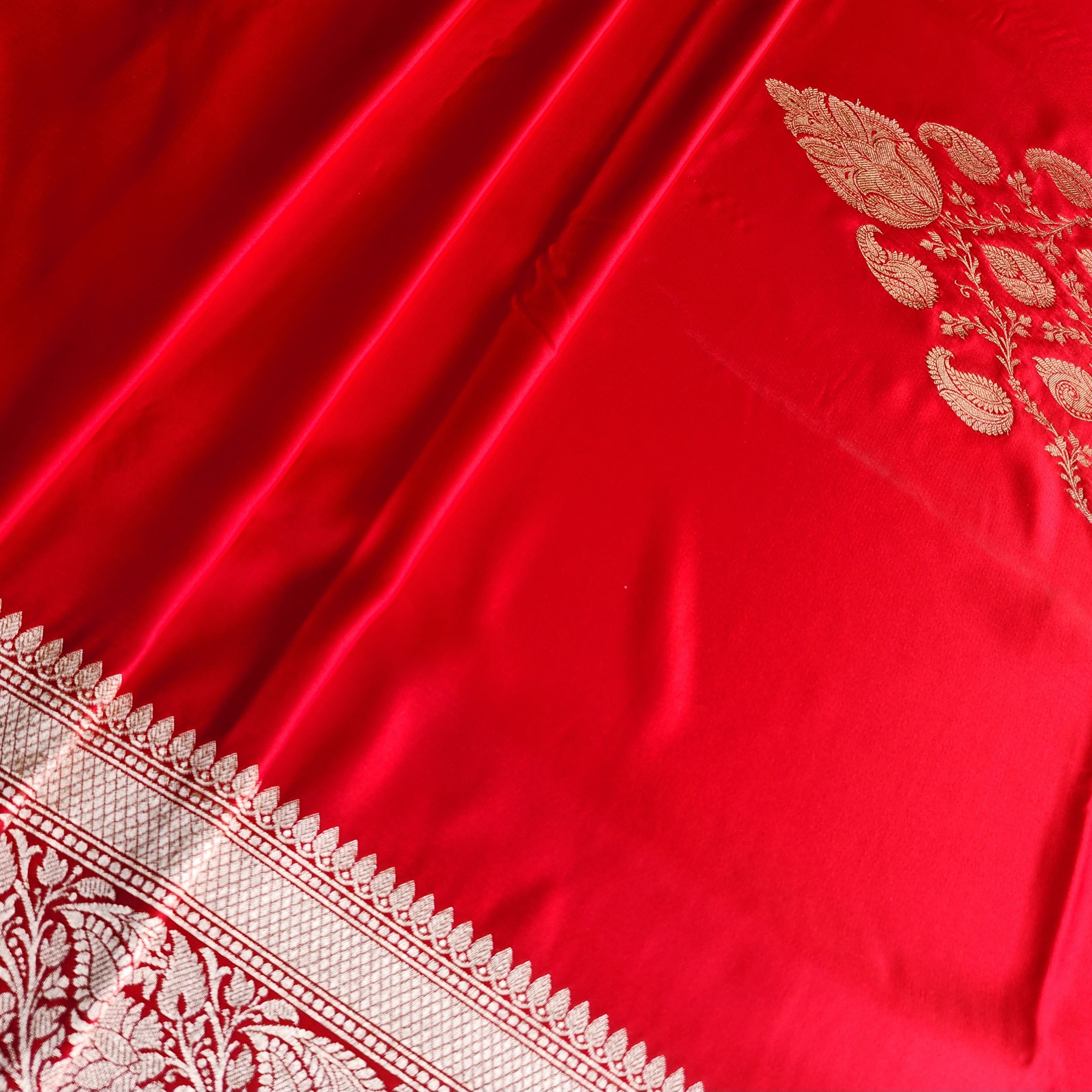 Rich Vermilion Red Pure Banarasi Katan Silk Saree with light Gold Zari Weaving