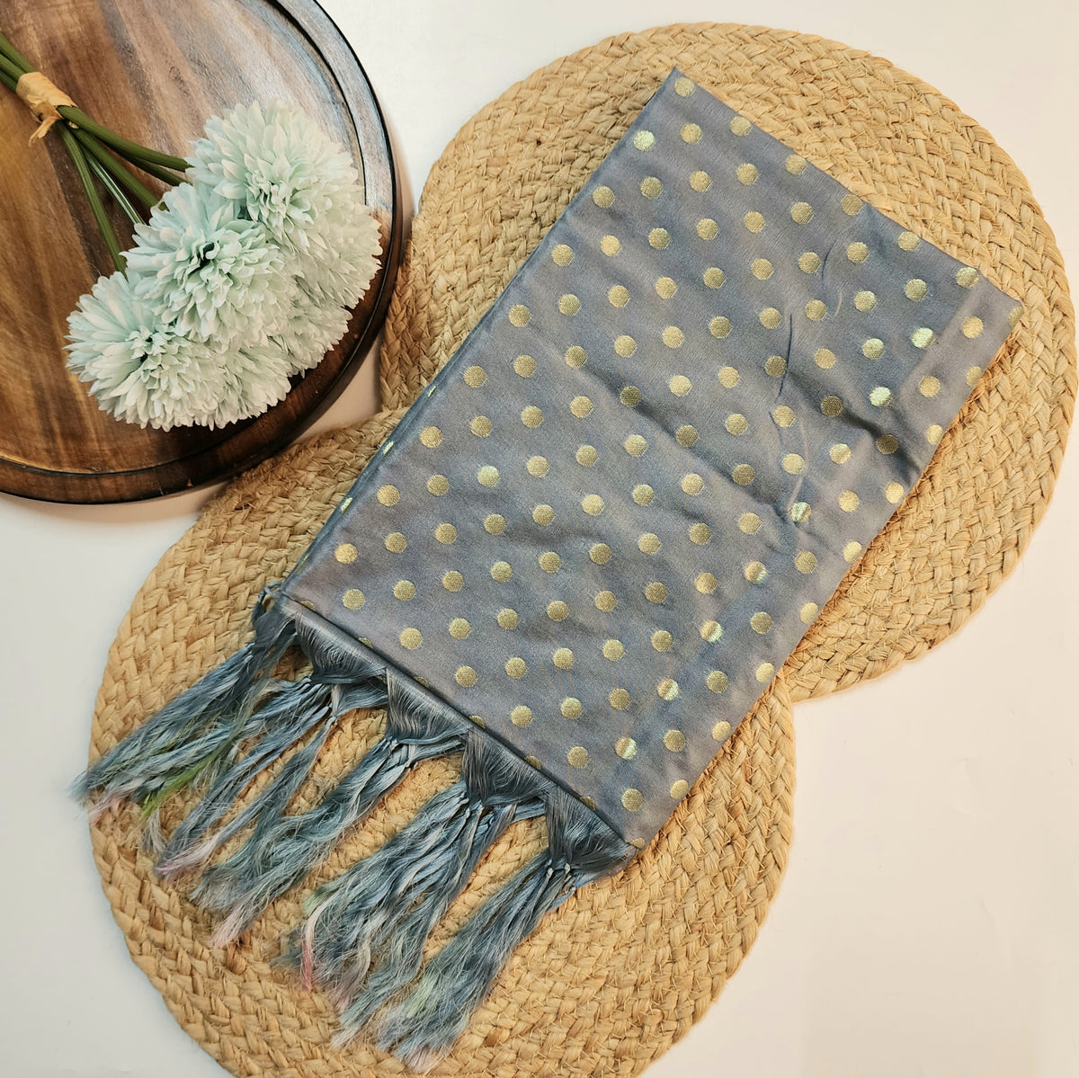 Slate Blue Banarasi Silk Dupatta with Gold Polka Dot