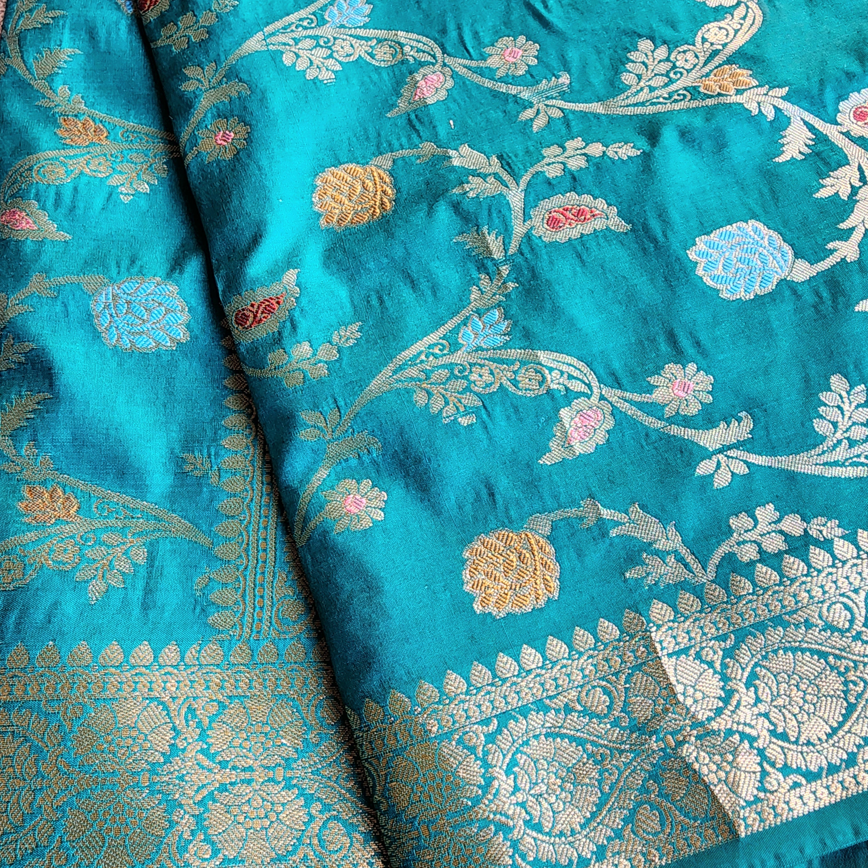 Teal Green Banarasi Silk Dupatta with Gold Zari Border & Multicolor Meenakari Work