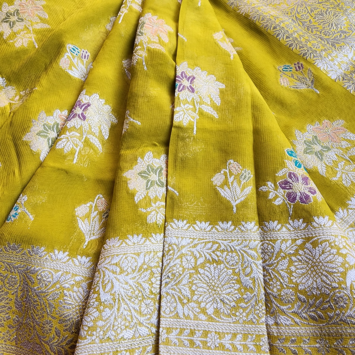 Yellowish Green Muslin Silk Saree with Floral Weave