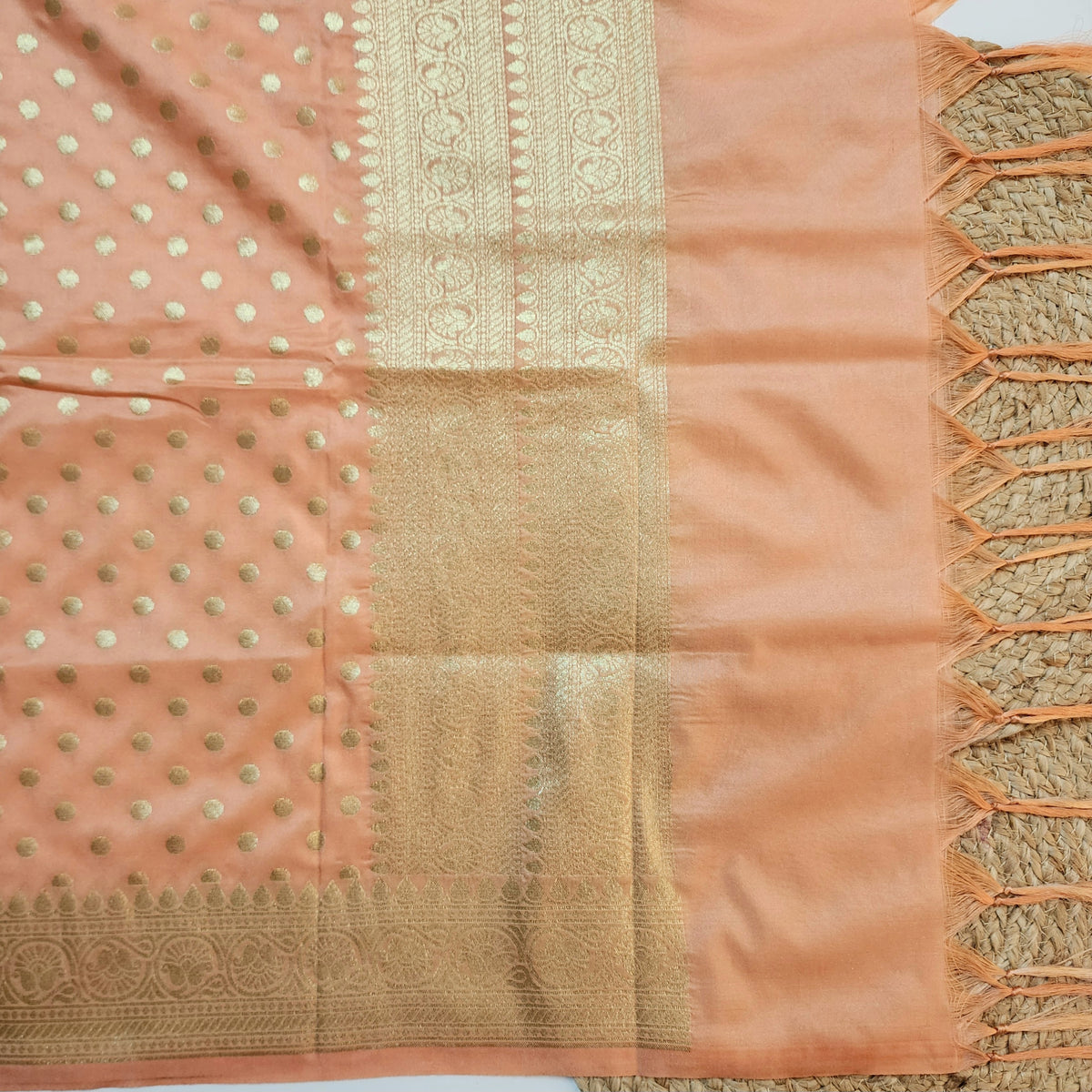 Peach Banarasi Silk Dupatta with Gold Polka Dot