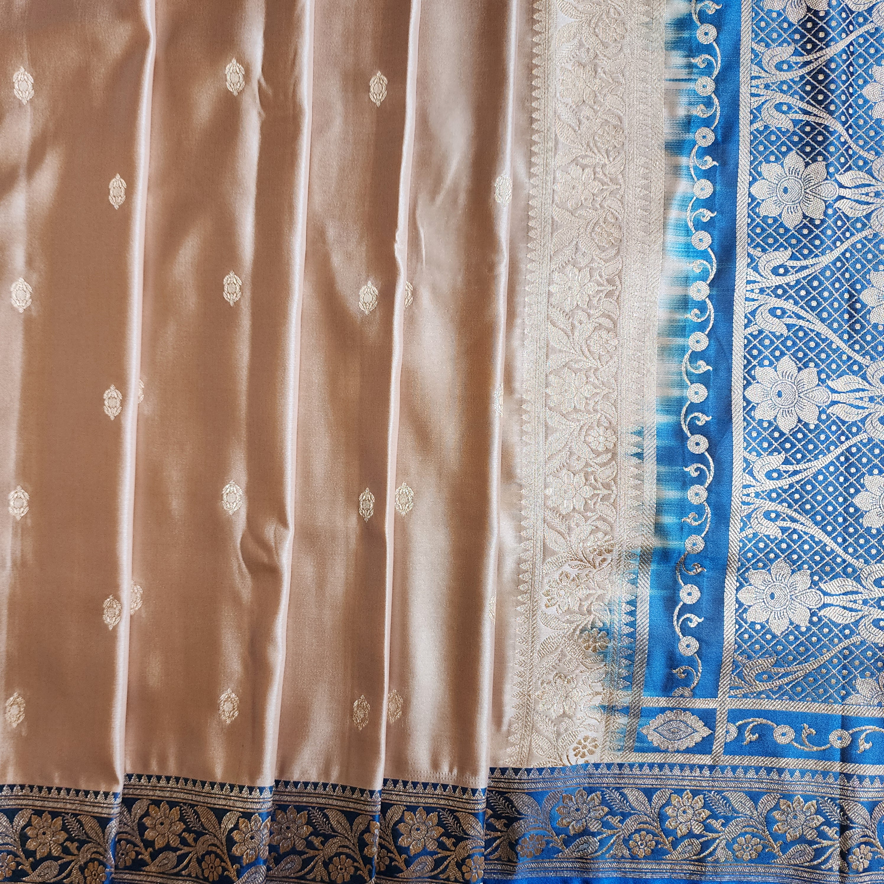 Champagne Beige Katan Silk Saree with Royal Blue and Gold Zari Border