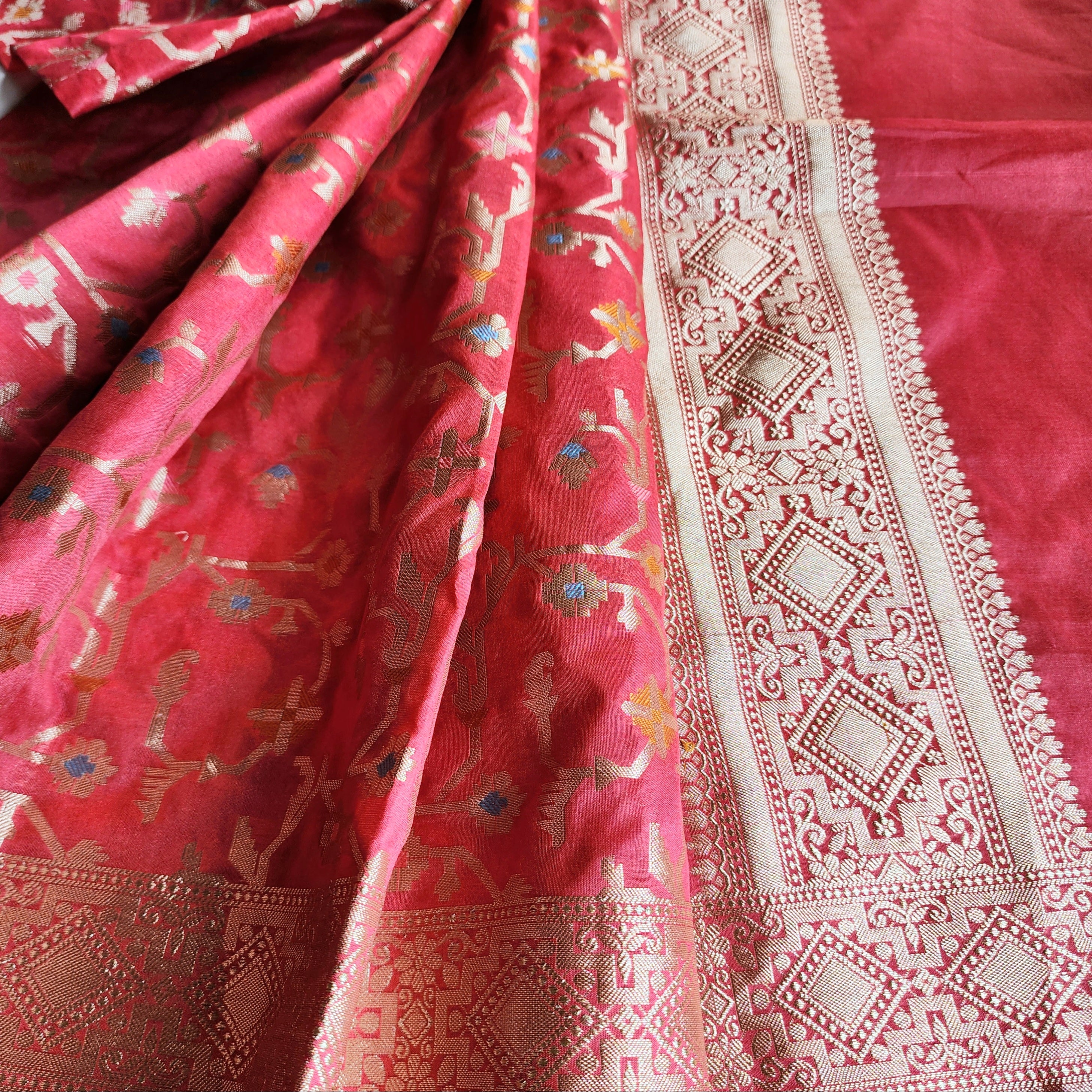 Golden Grid Banarasi Silk Dupatta with Meenakari Work in Brick Red