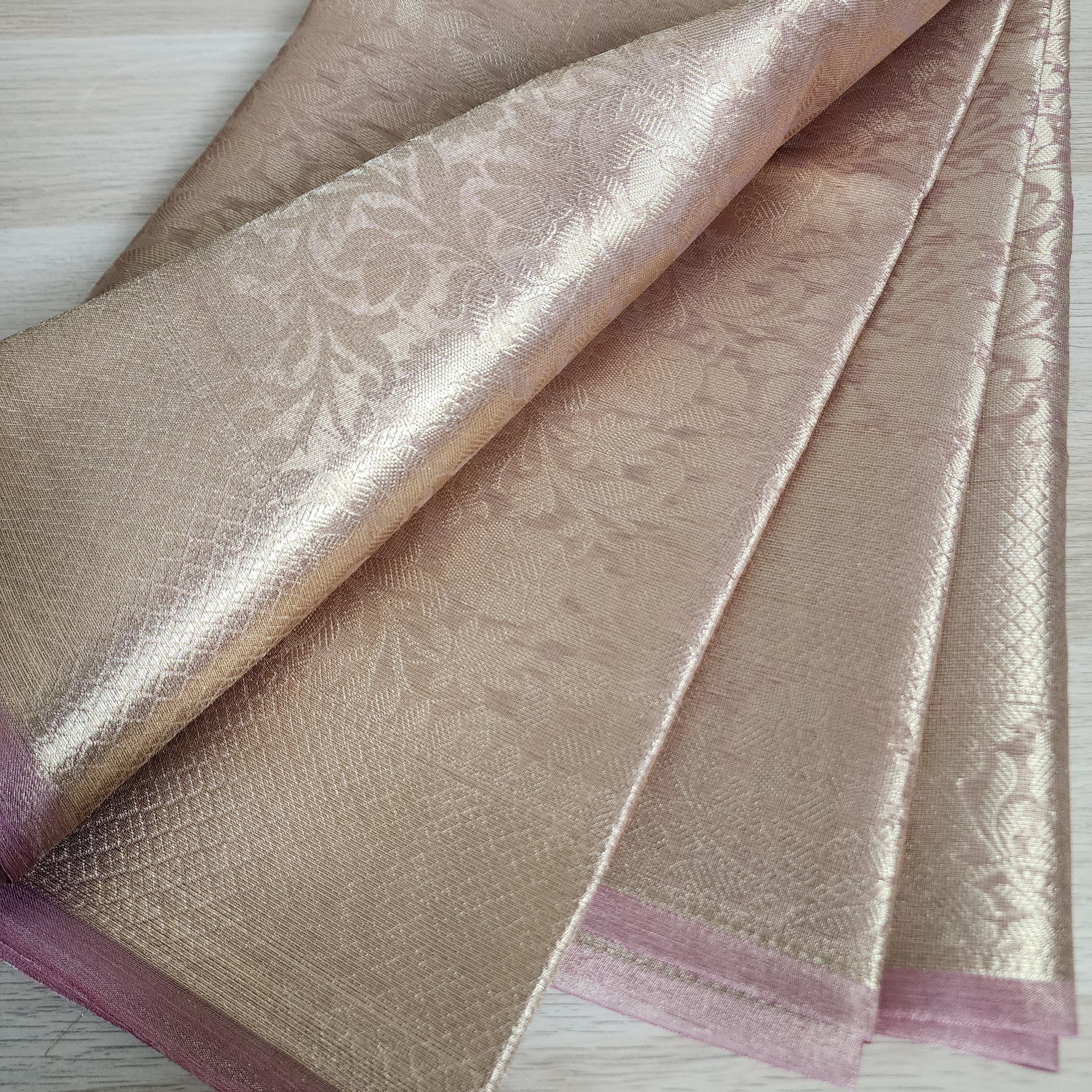 Temple Gold Kanjivaram Style Tissue Silk with Blush Pink Border