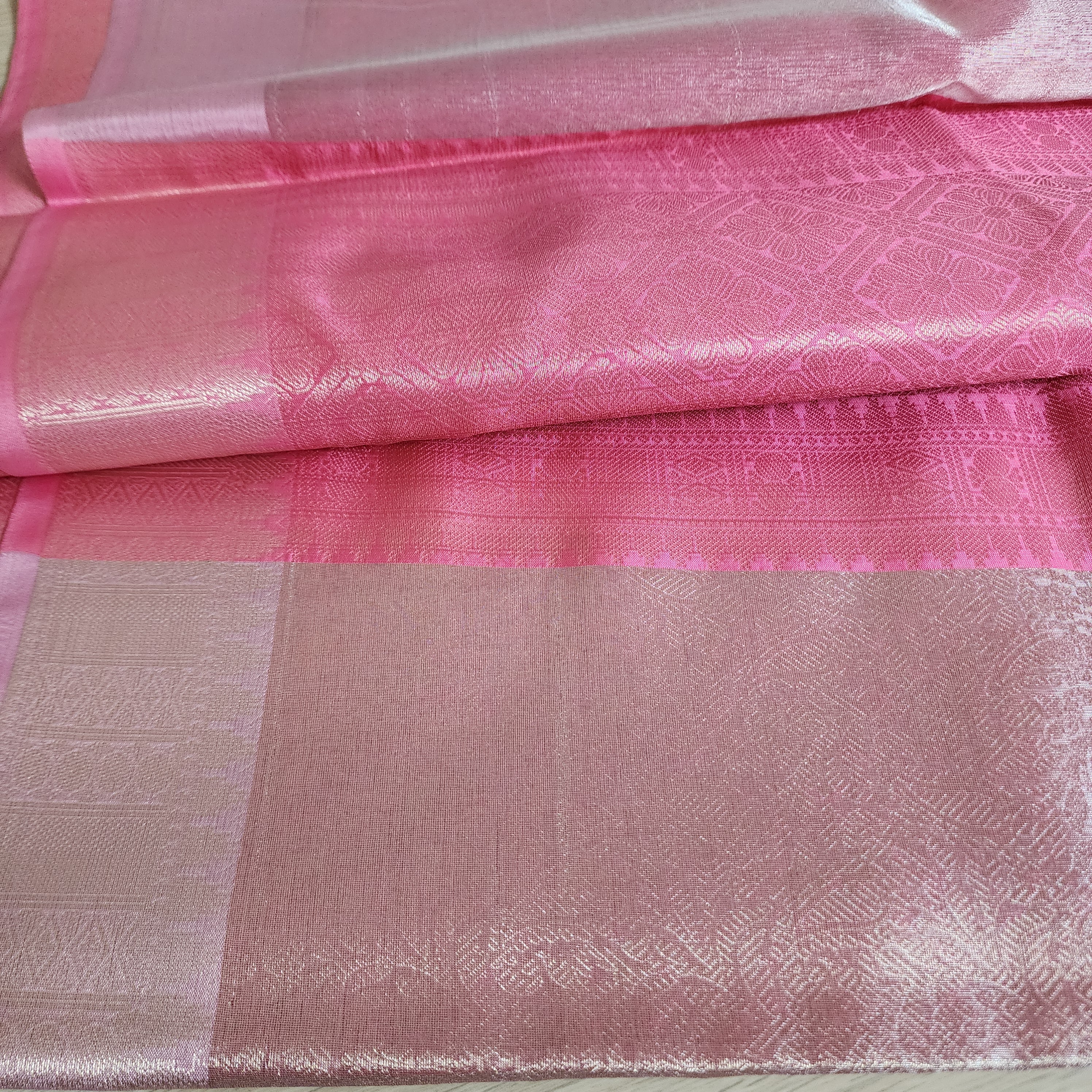 Unique Coral Pink & Beige Kanjivaram style Banarasi Tissue Saree