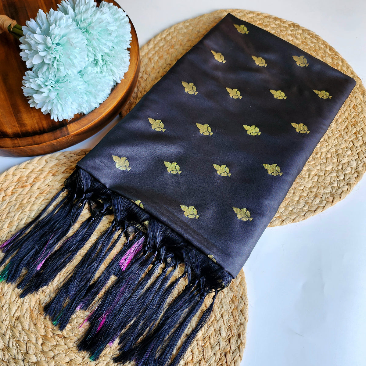 Charcoal Black Banarasi Tapetta Silk Leaf Weave Dupatta