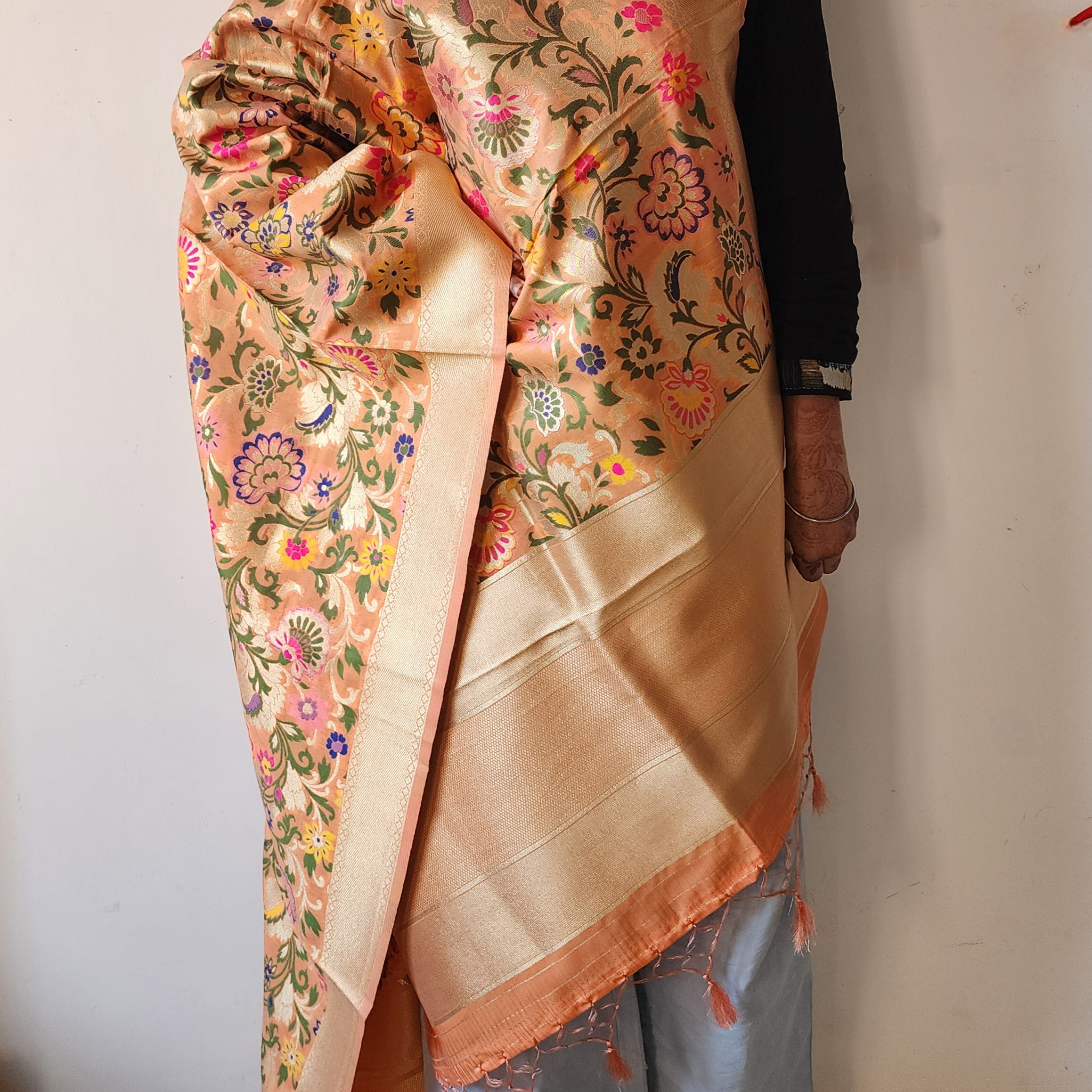 Banarasi Silk Peach Dupatta with Multicolor & Gold Floral Handweaving