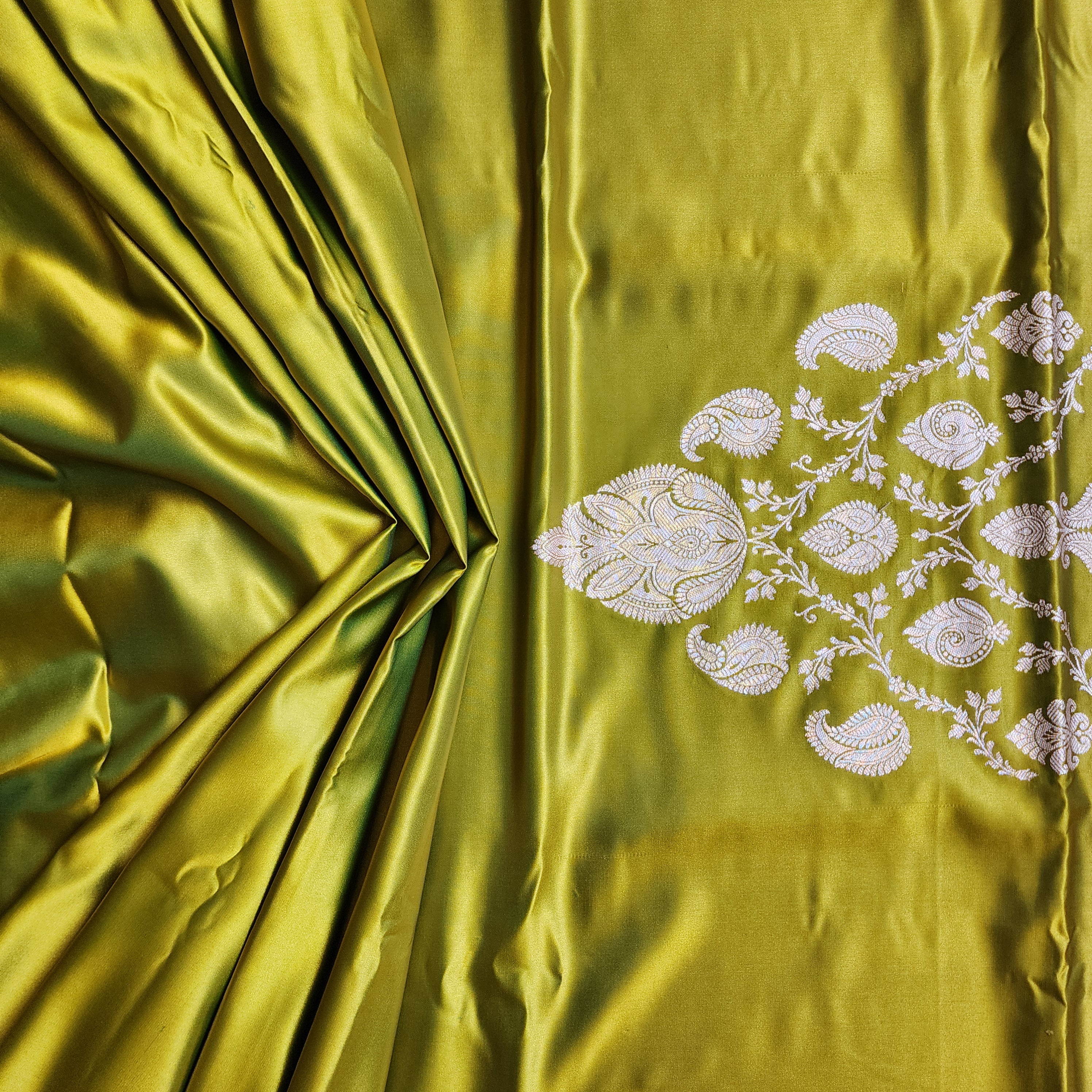 Olive Green Pure Banarasi Katan Silk Saree with light Gold Zari Weaving