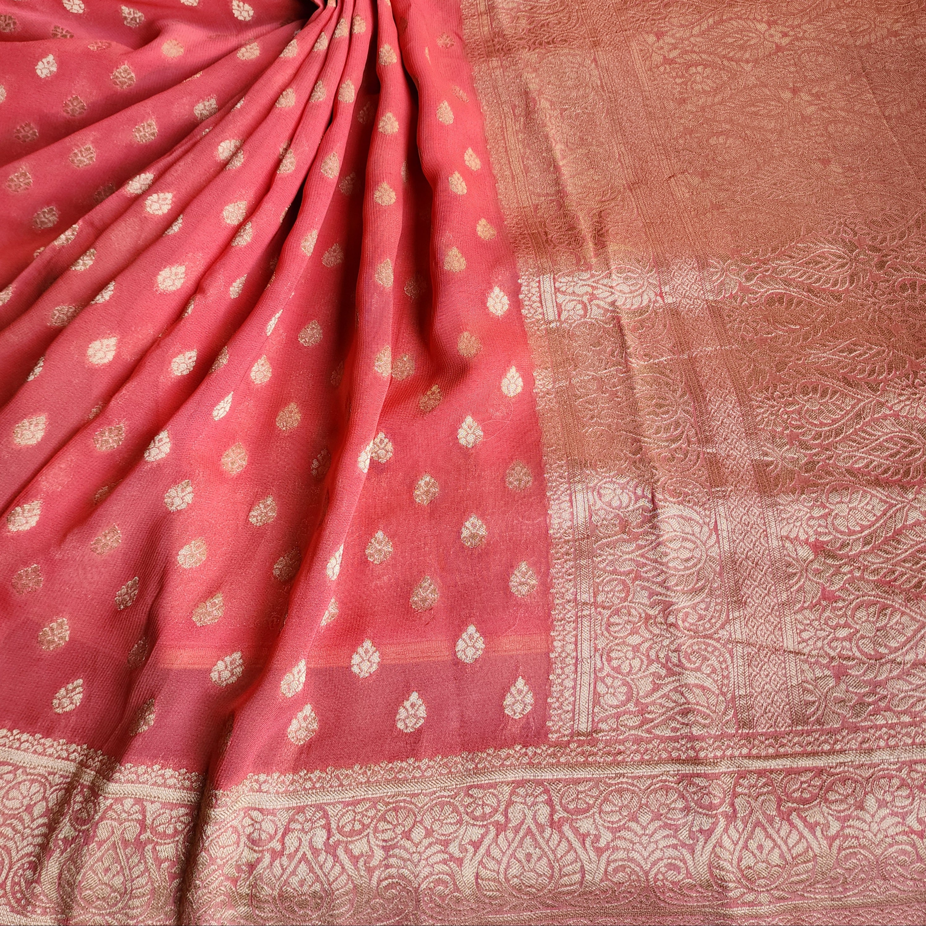 Peach Khaddi Georgette Pure Banarasi Saree with Golden Zari