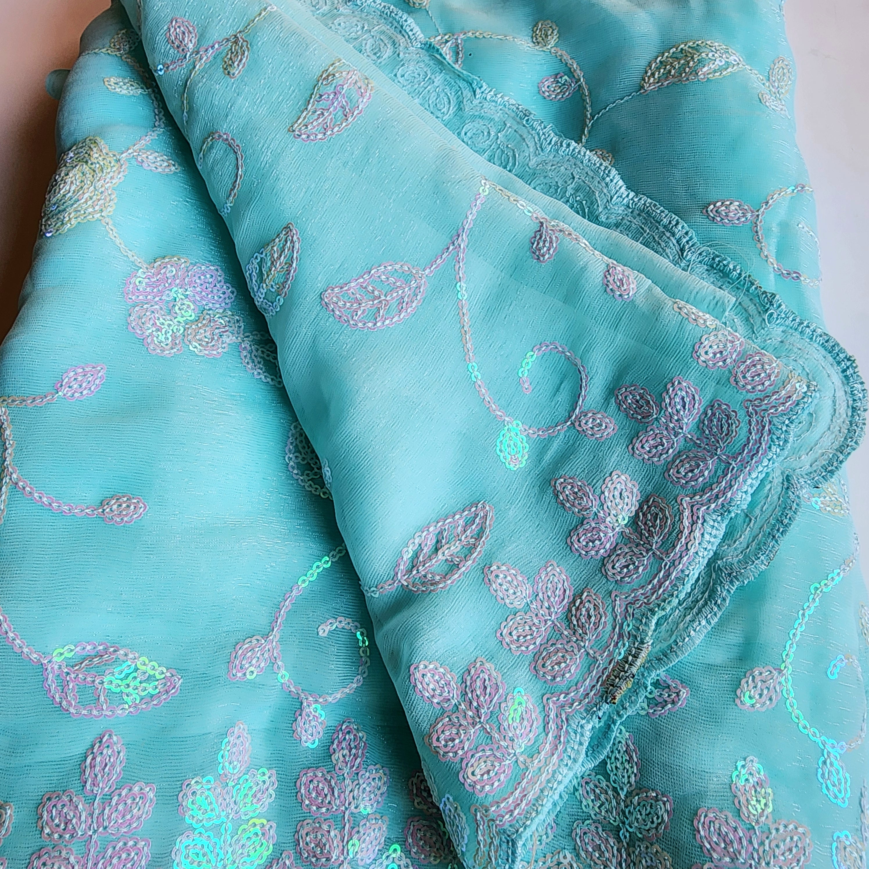 Georgette Designer Sequinned Saree - Mint Aqua