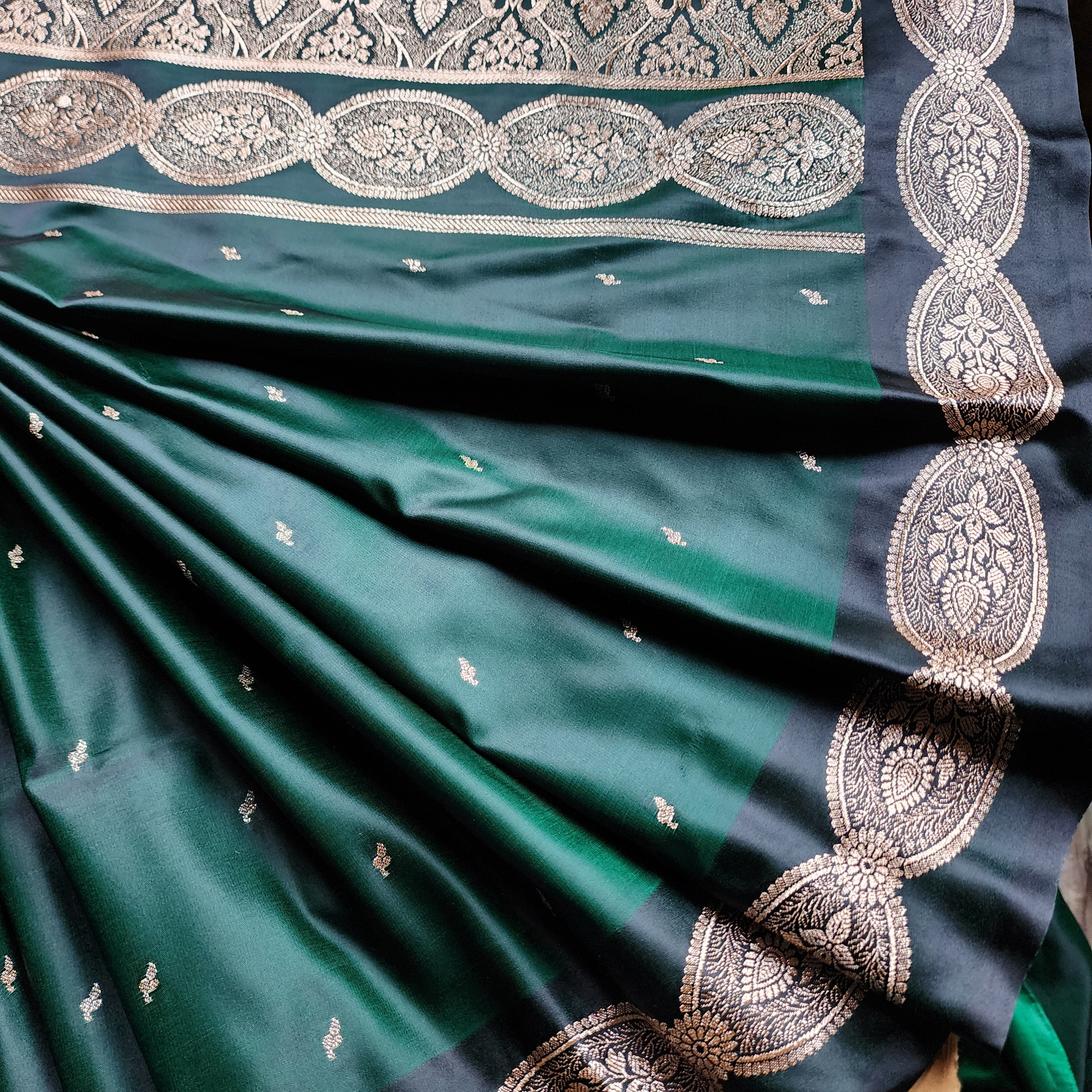 Bottle Green Banarasi Katan Silk Saree with Gold Zari Weaving