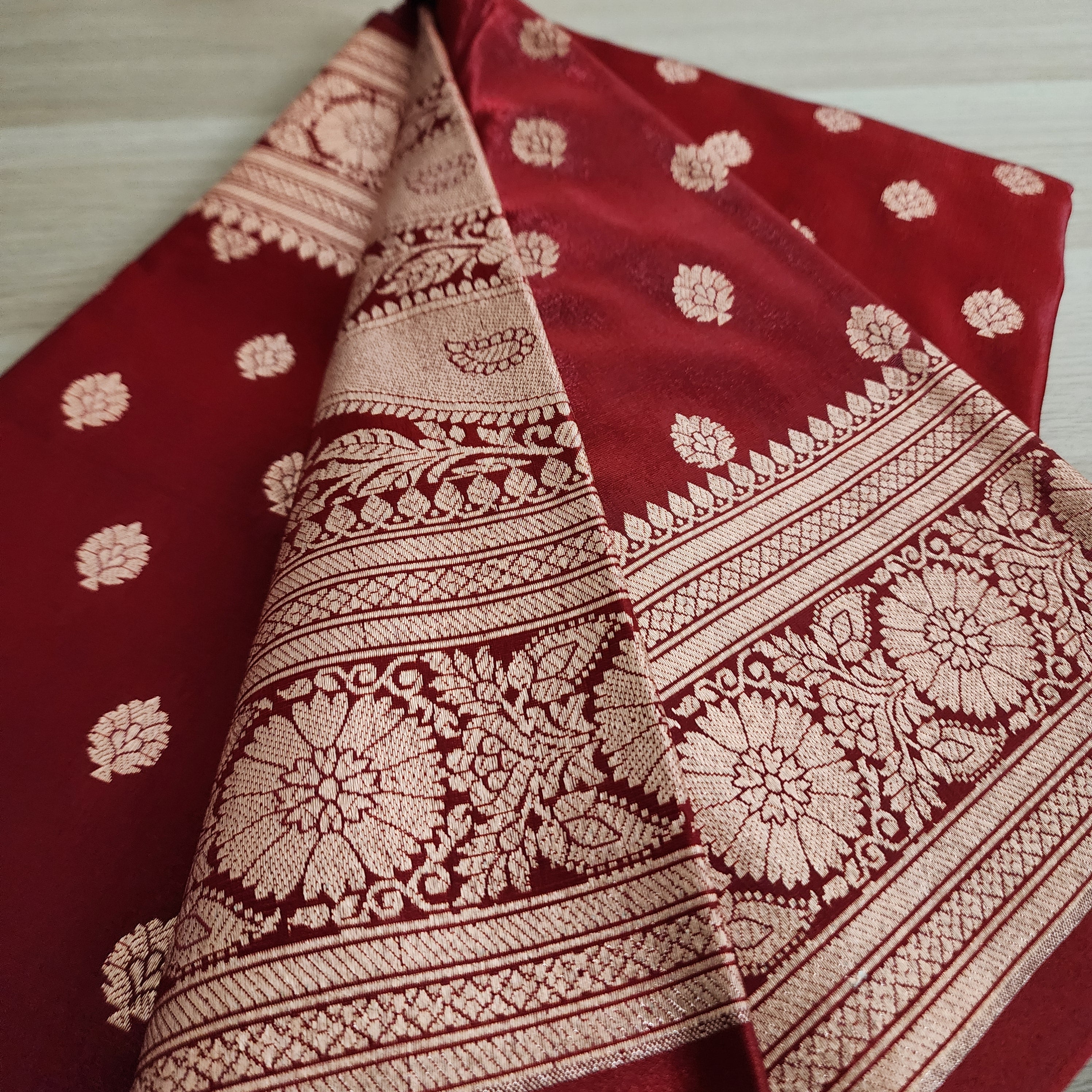 Royal Maroon Red Banarasi Silk Saree with Golden Zari Weave