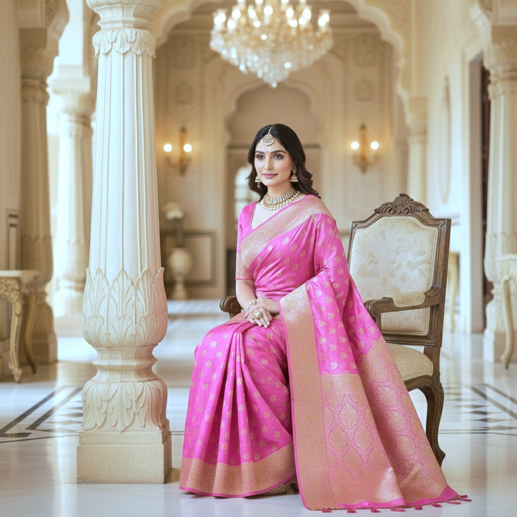 Rich Magenta Pink Banarasi Silk Saree with Gold Zari Weaving