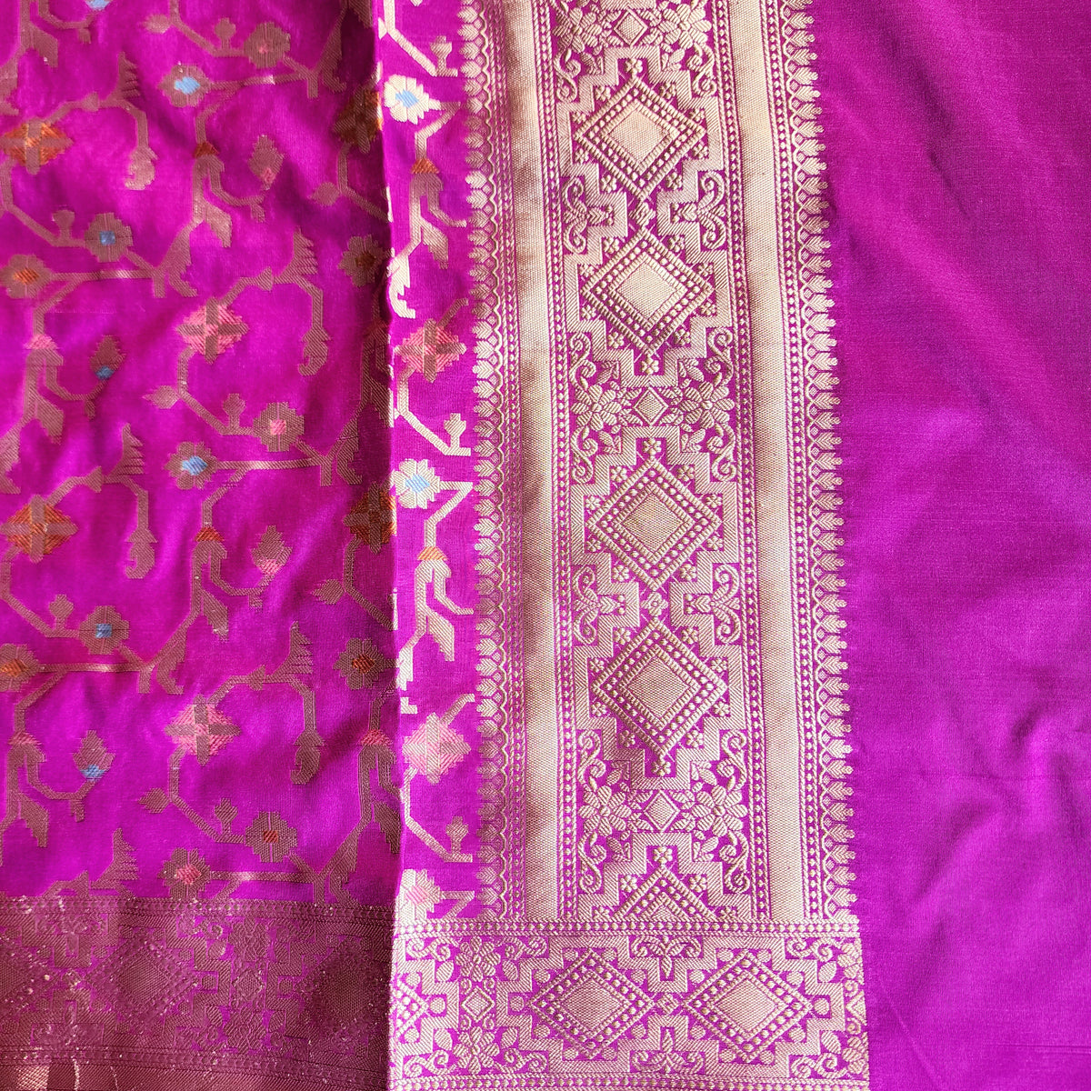 Golden Grid Banarasi Silk Dupatta with Meenakari Work in Wine