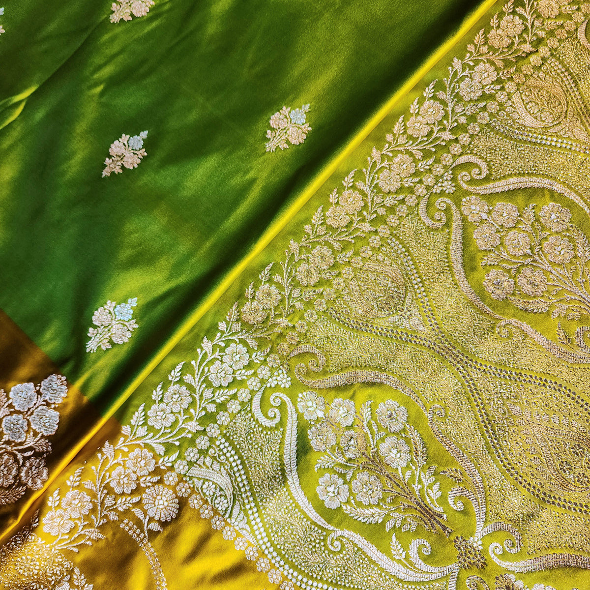 Dual-Tone Parrot Green & Yellow Pure Banarasi Katan Silk Saree