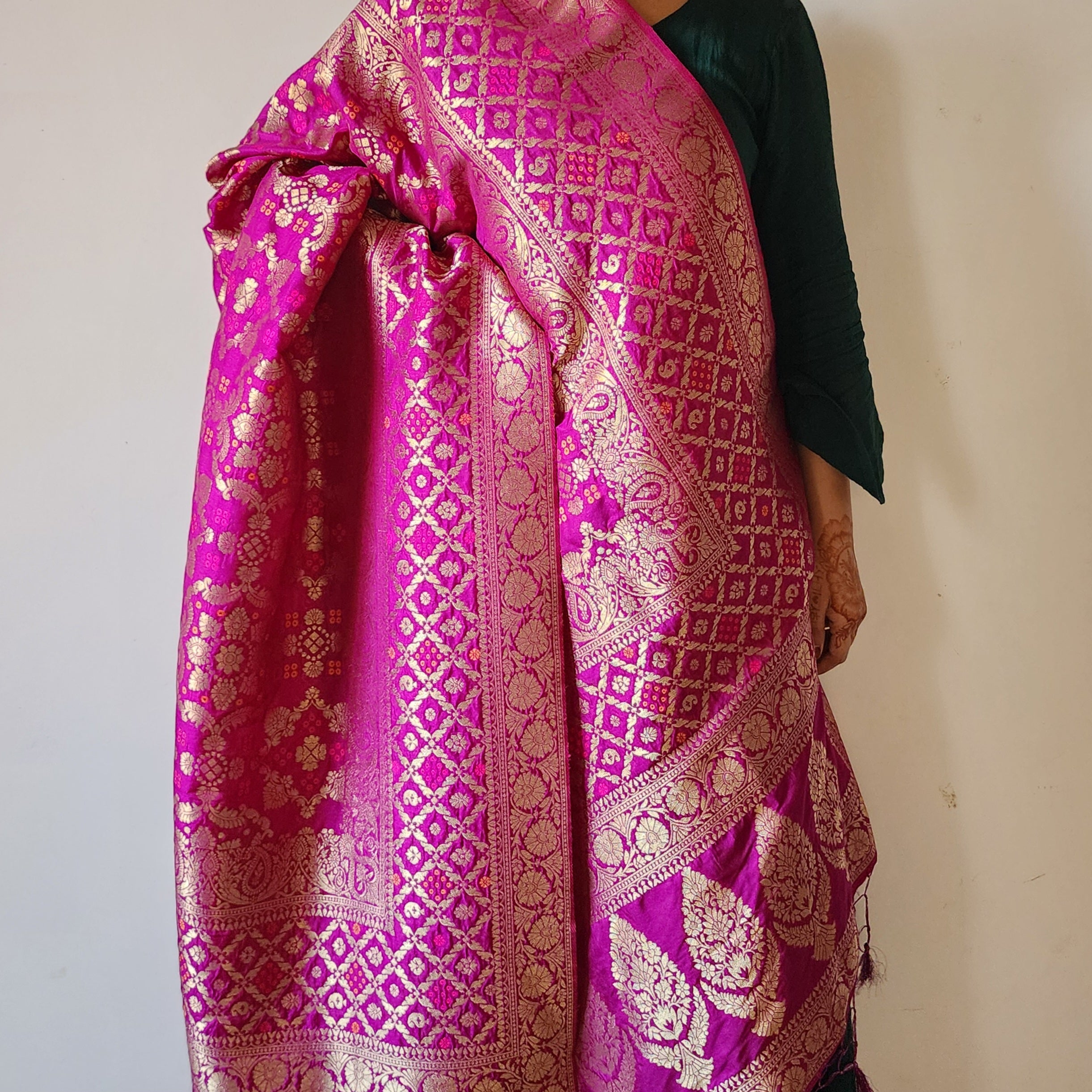 Berry Purple Bandhani Dupatta with Floral and Geometric Zari Weave