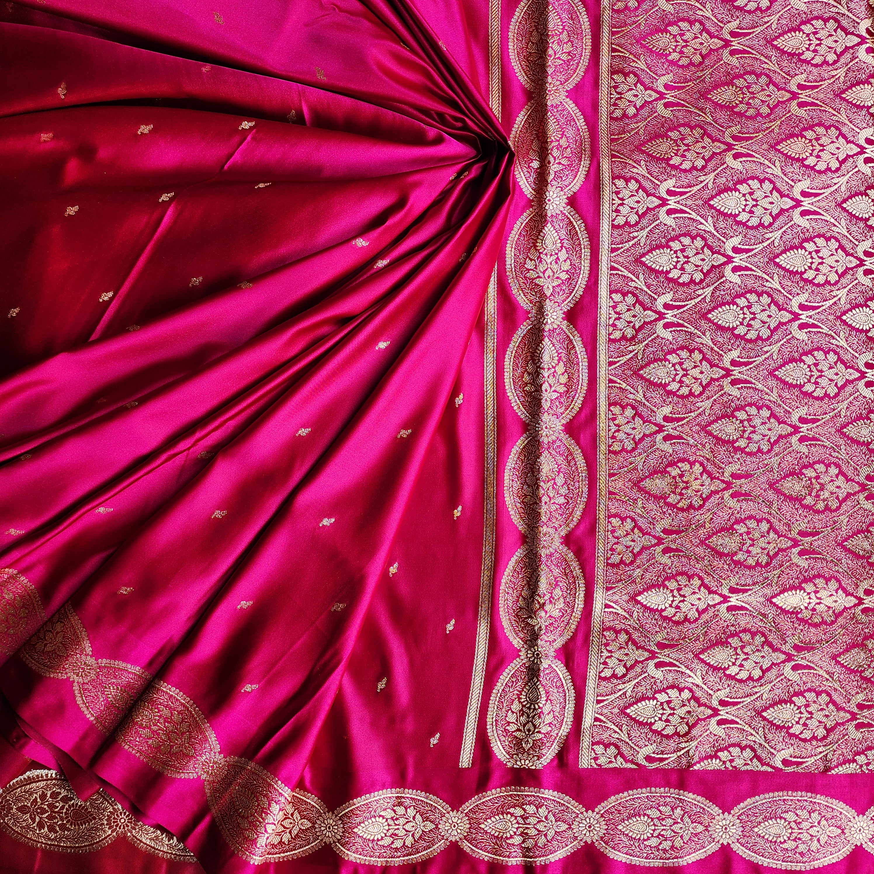 Bright Pink Pure Banarasi Katan Silk Saree with Gold Zari Weaving