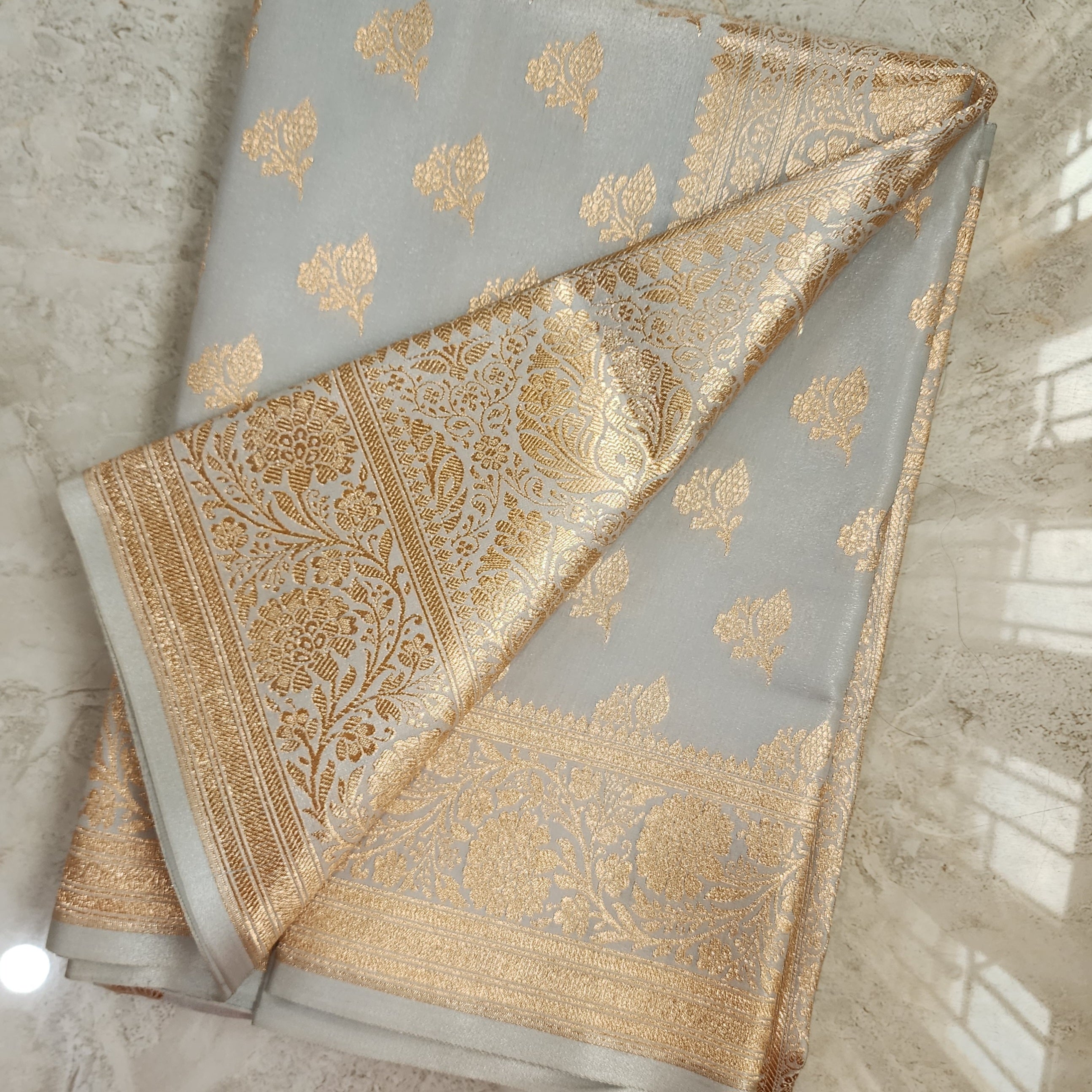 Rich Gray Banarasi Silk Saree with Gold Zari Weaving