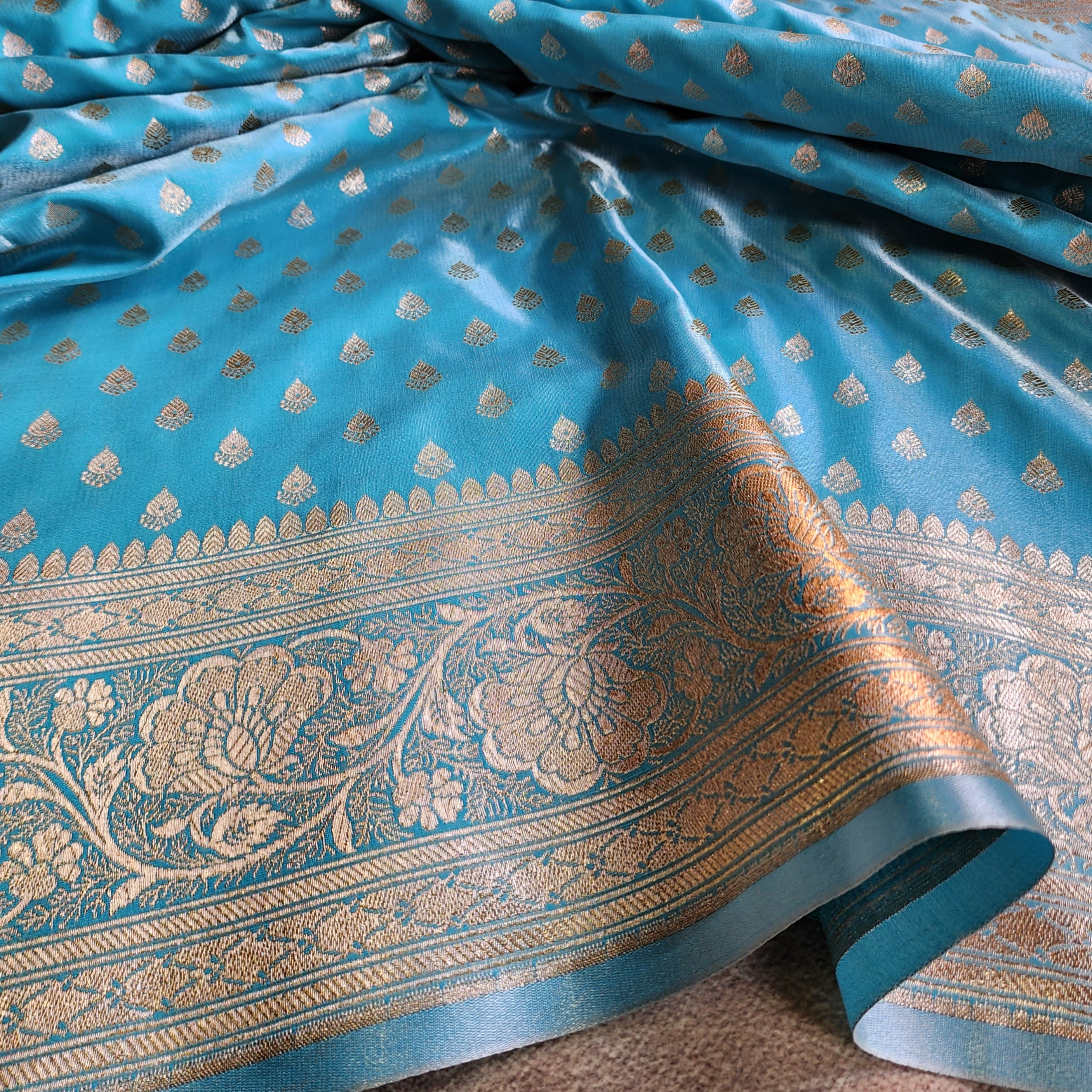 Rich Sky Blue Banarasi Silk Saree with Gold Zari Weaving