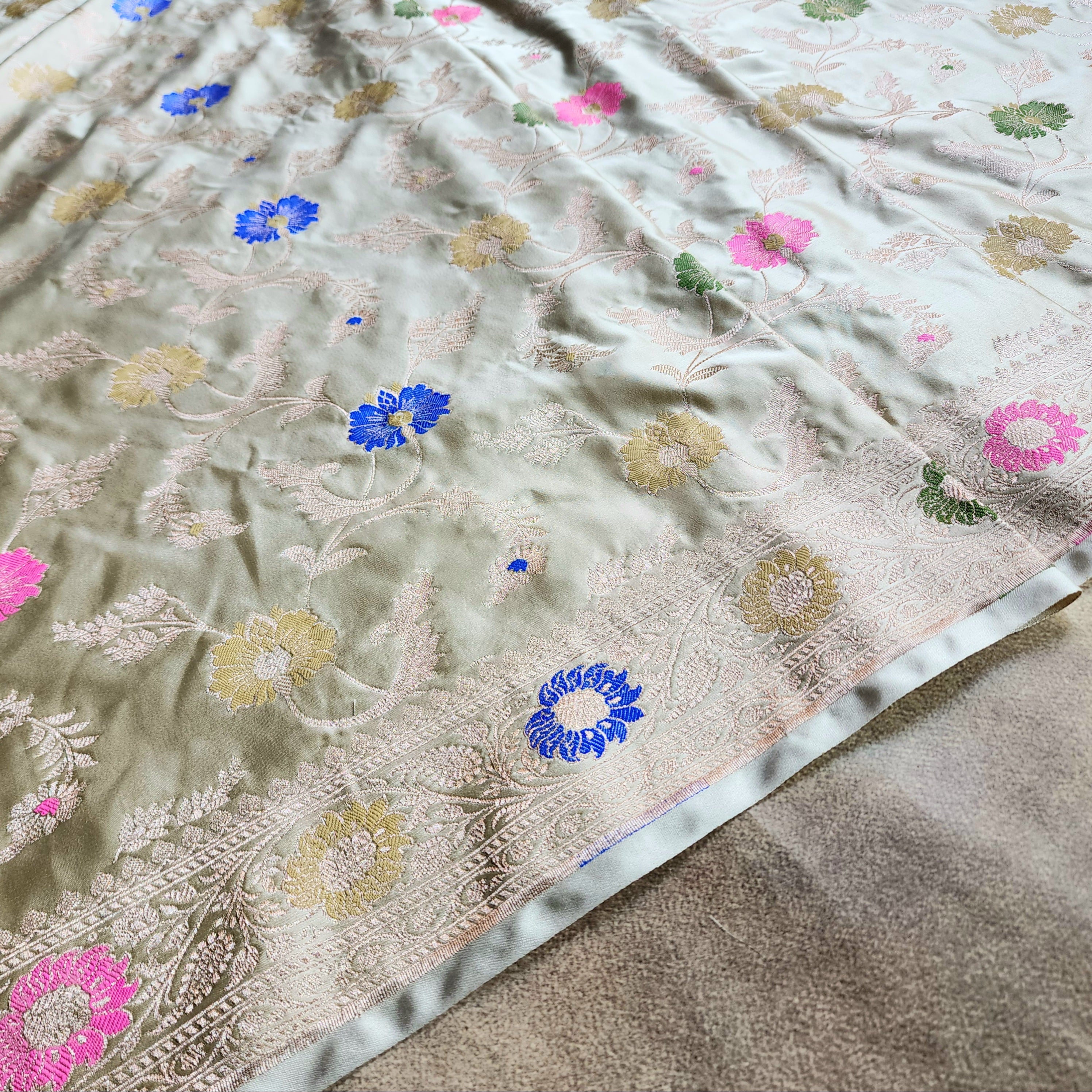 Enriched Banarasi Katan Silk Saree | Light Olive Green Multicolor Meenakari Floral Jaal