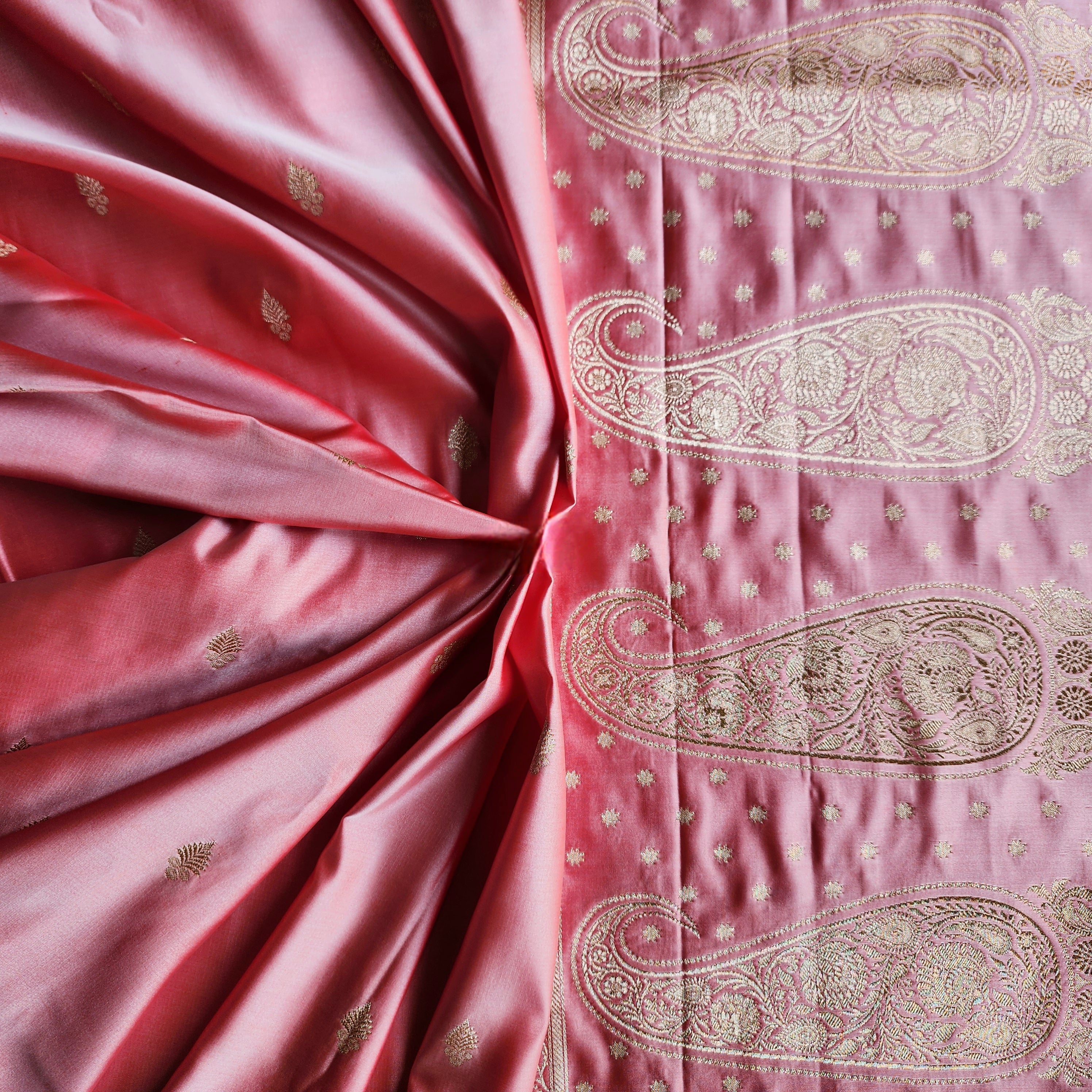 Rose Pink Katan Silk Saree with Teal Blue Gold Zari Border