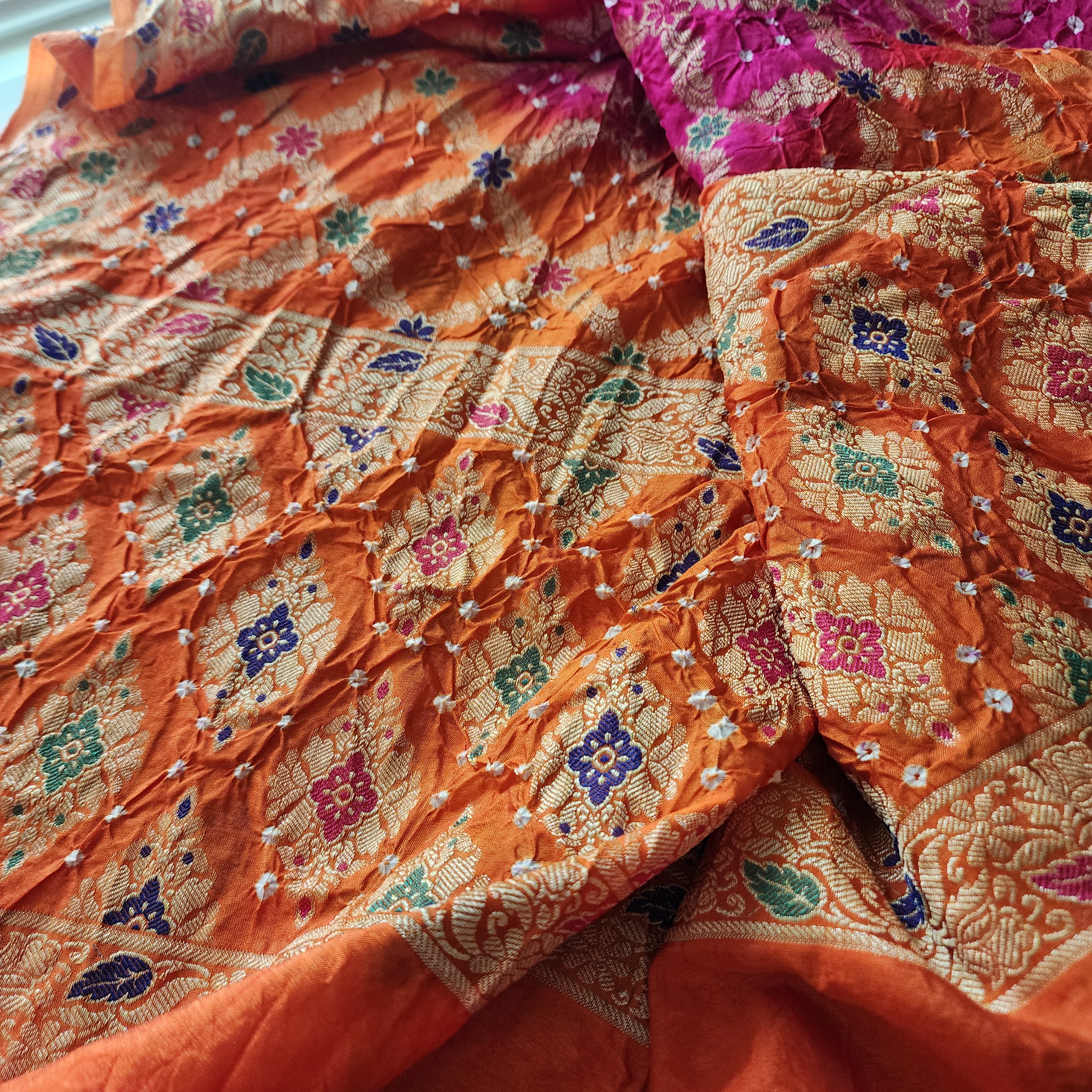 Orange & Rani Pink Bandhni dupatta with Banarasi Meenakari work