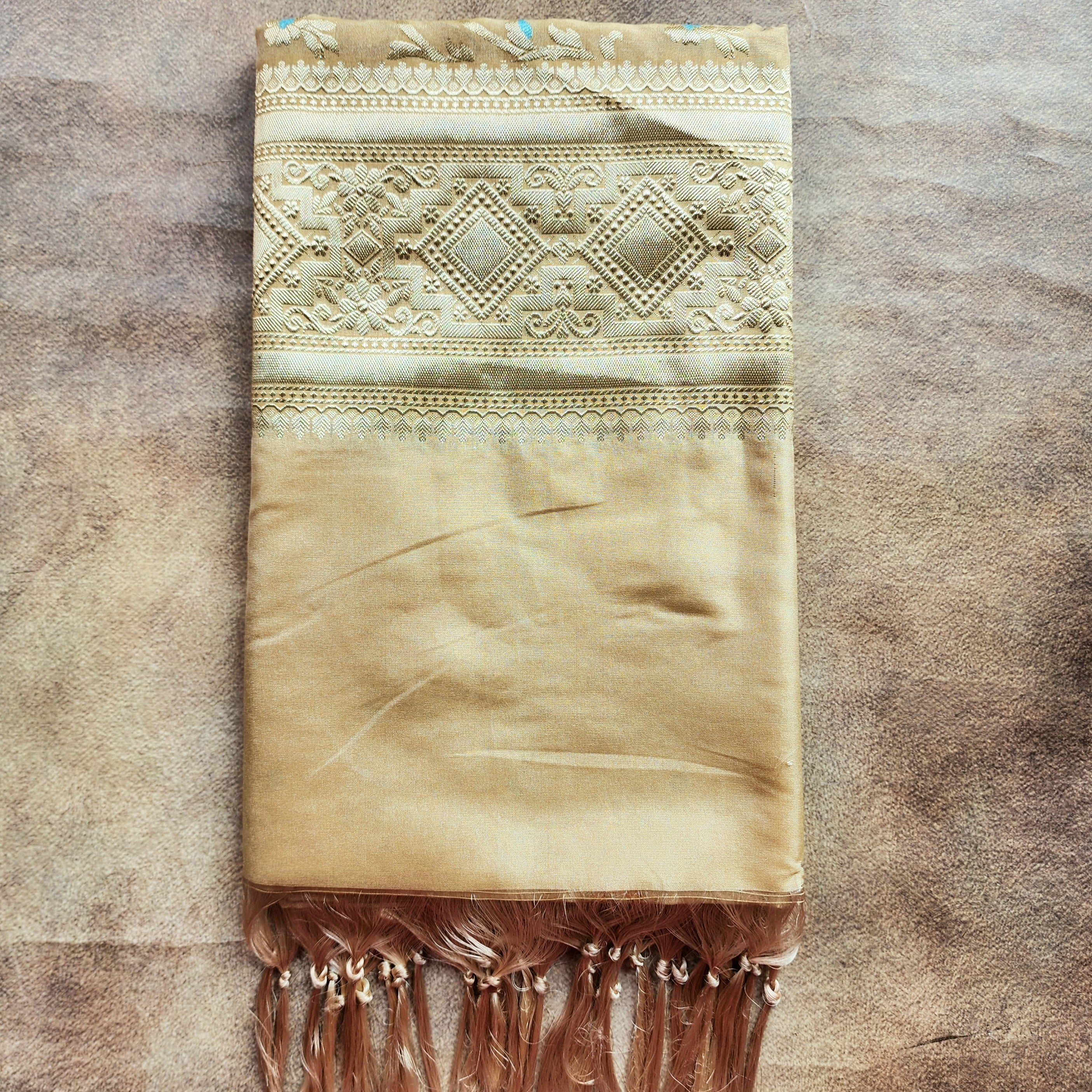 Golden Grid Banarasi Silk Dupatta with Meenakari Work in Beige