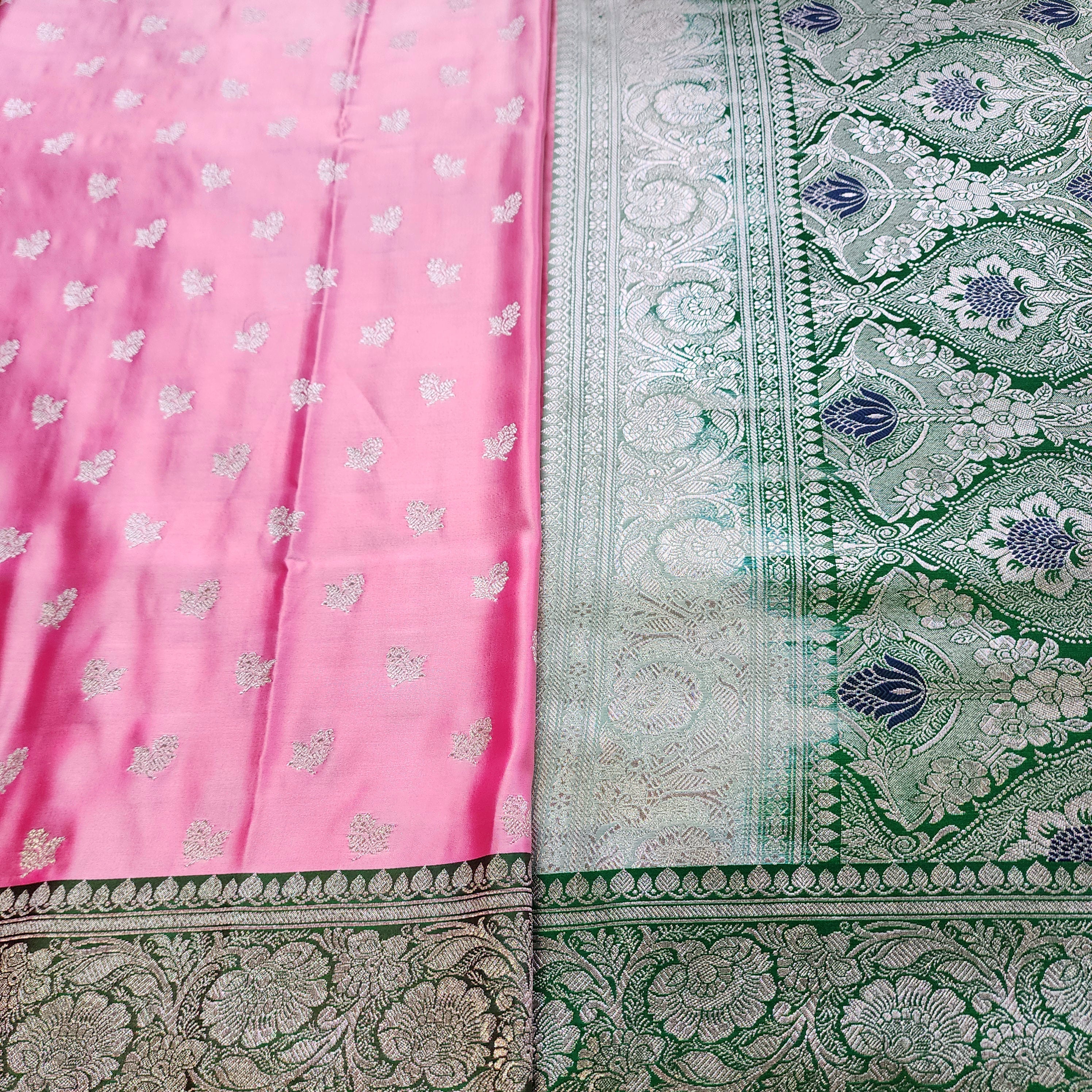 Rose Pink Pure Banarasi Katan Silk Saree with light Gold Zari Weaving