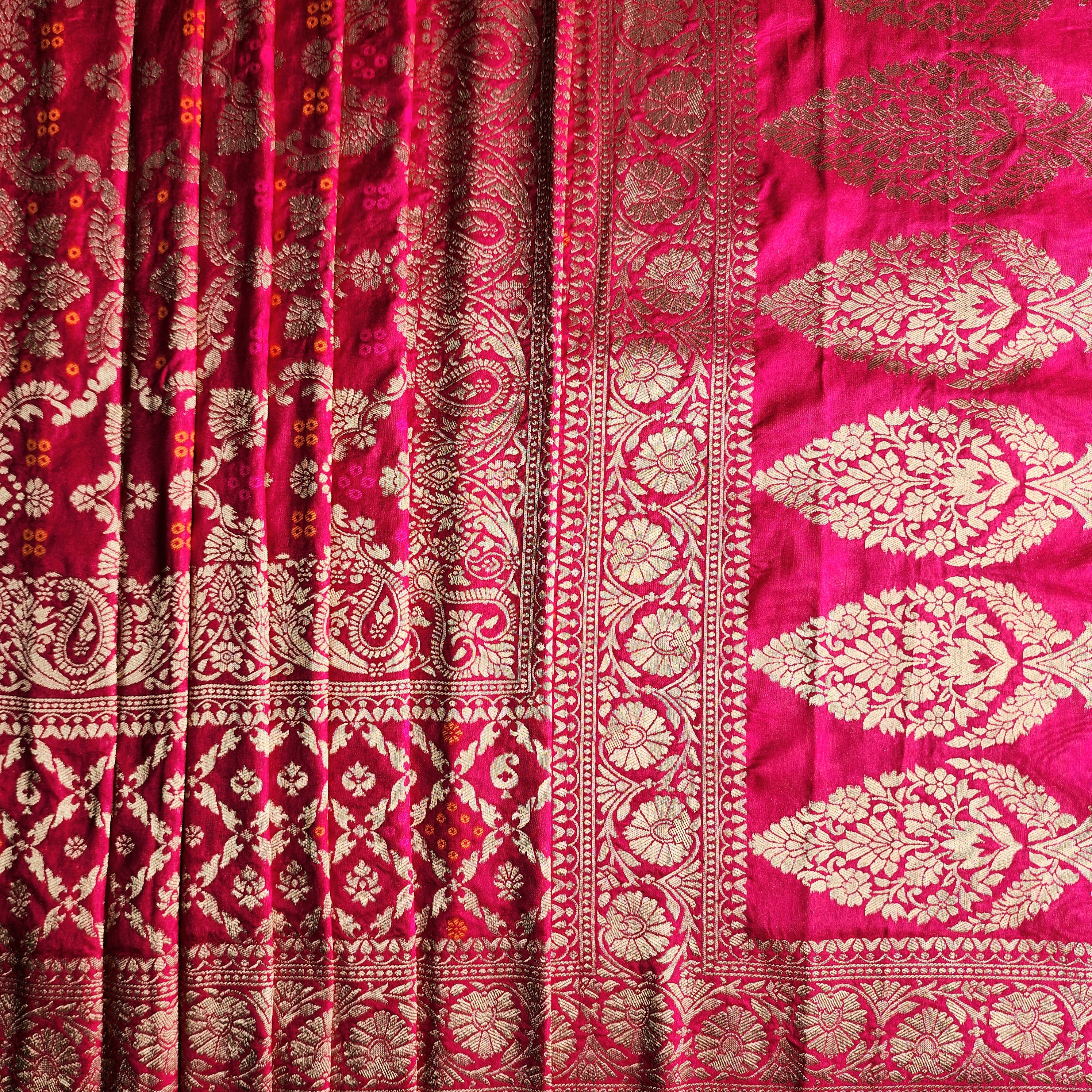 Wine Magenta Bandhani Dupatta with Floral and Geometric Zari Weave
