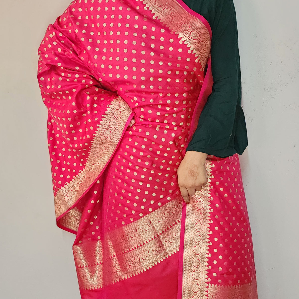 Fuchsia Banarasi Silk Dupatta with Gold Polka Dot
