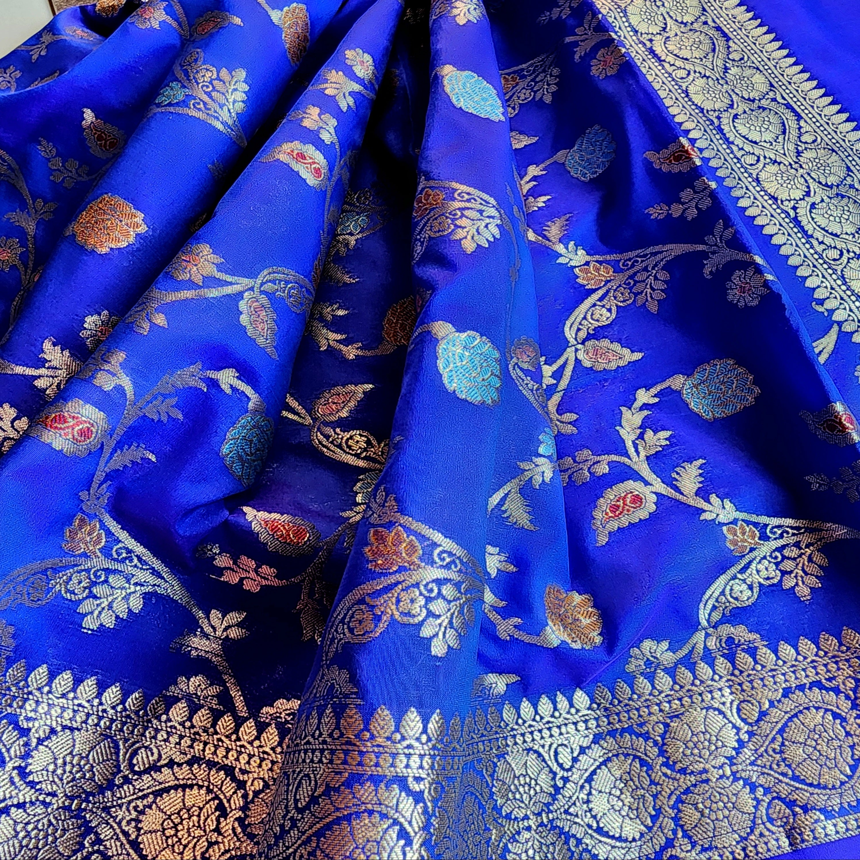 Royal Blue Banarasi Silk Dupatta with Gold Zari Border & Multicolor Meenakari Work
