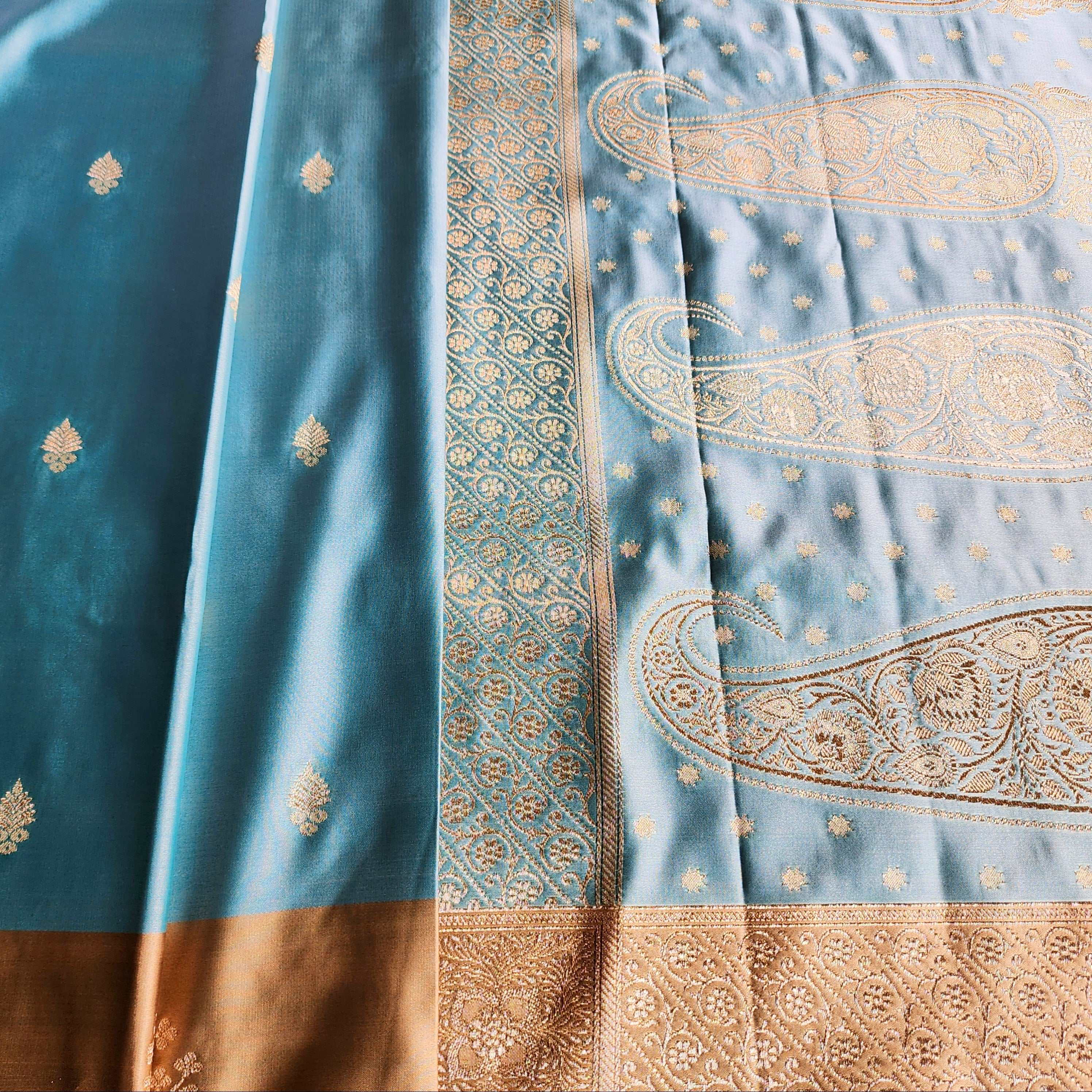 Blue Katan Silk Saree with Beige Gold Zari Border