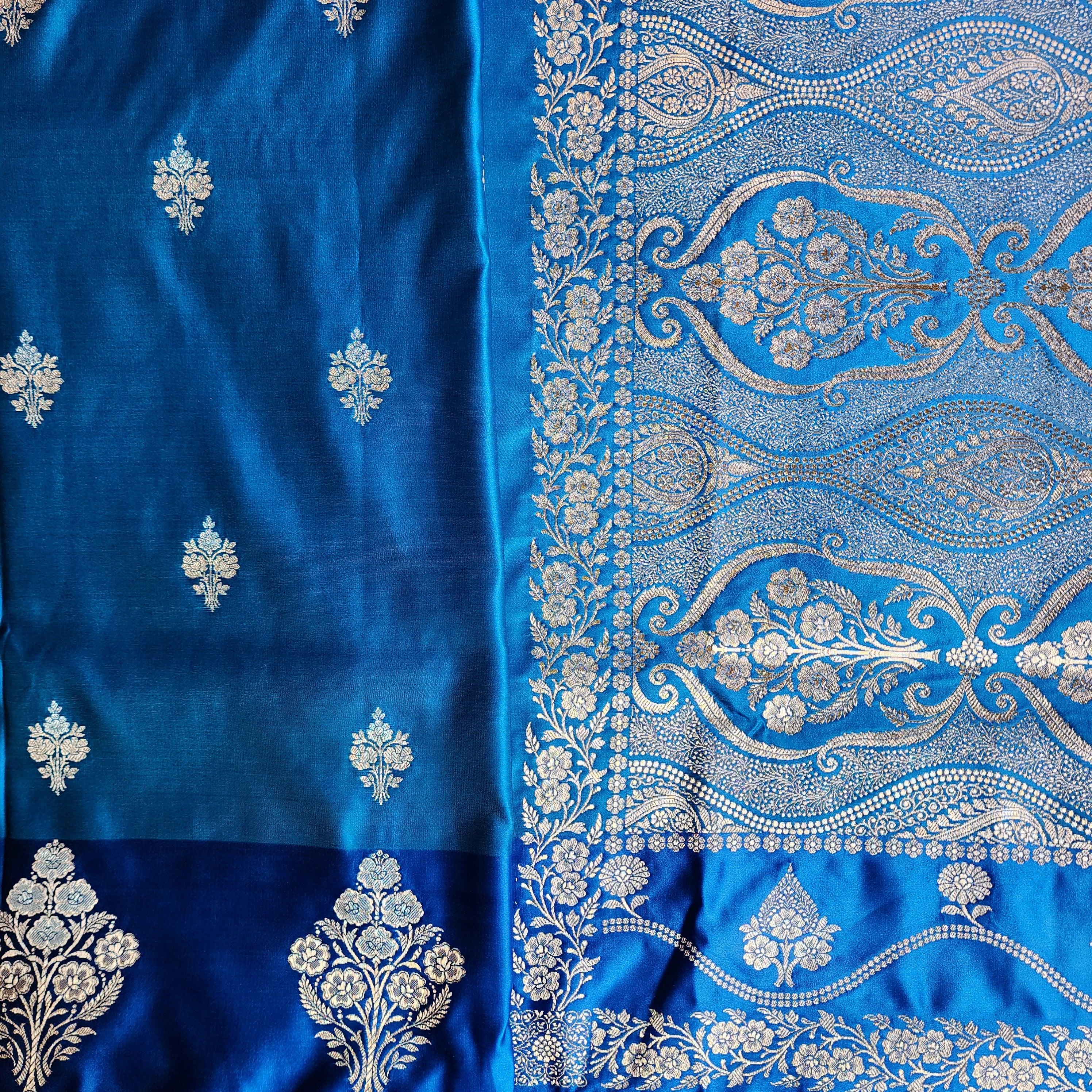 Dual-Tone Shiny Blue Pure Banarasi Katan Silk Saree