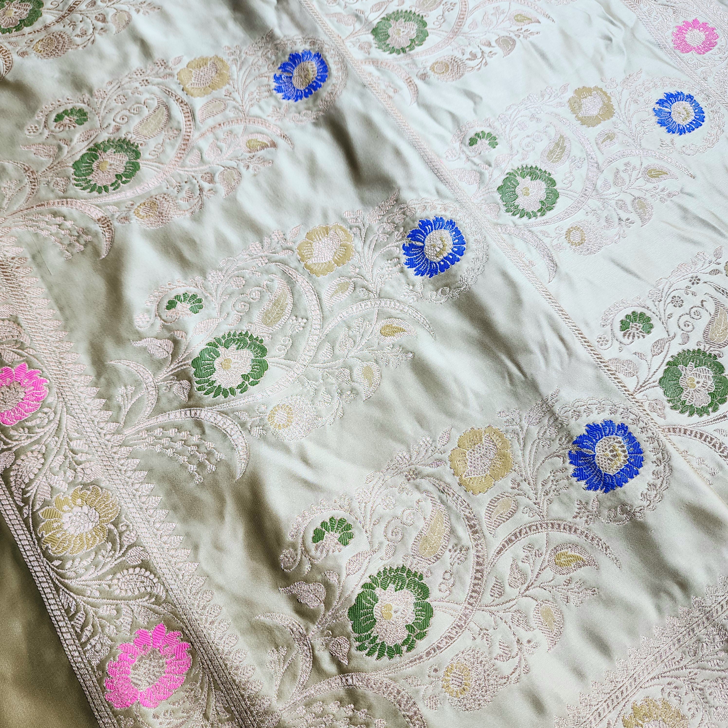 Enriched Banarasi Katan Silk Saree | Light Olive Green Multicolor Meenakari Floral Jaal