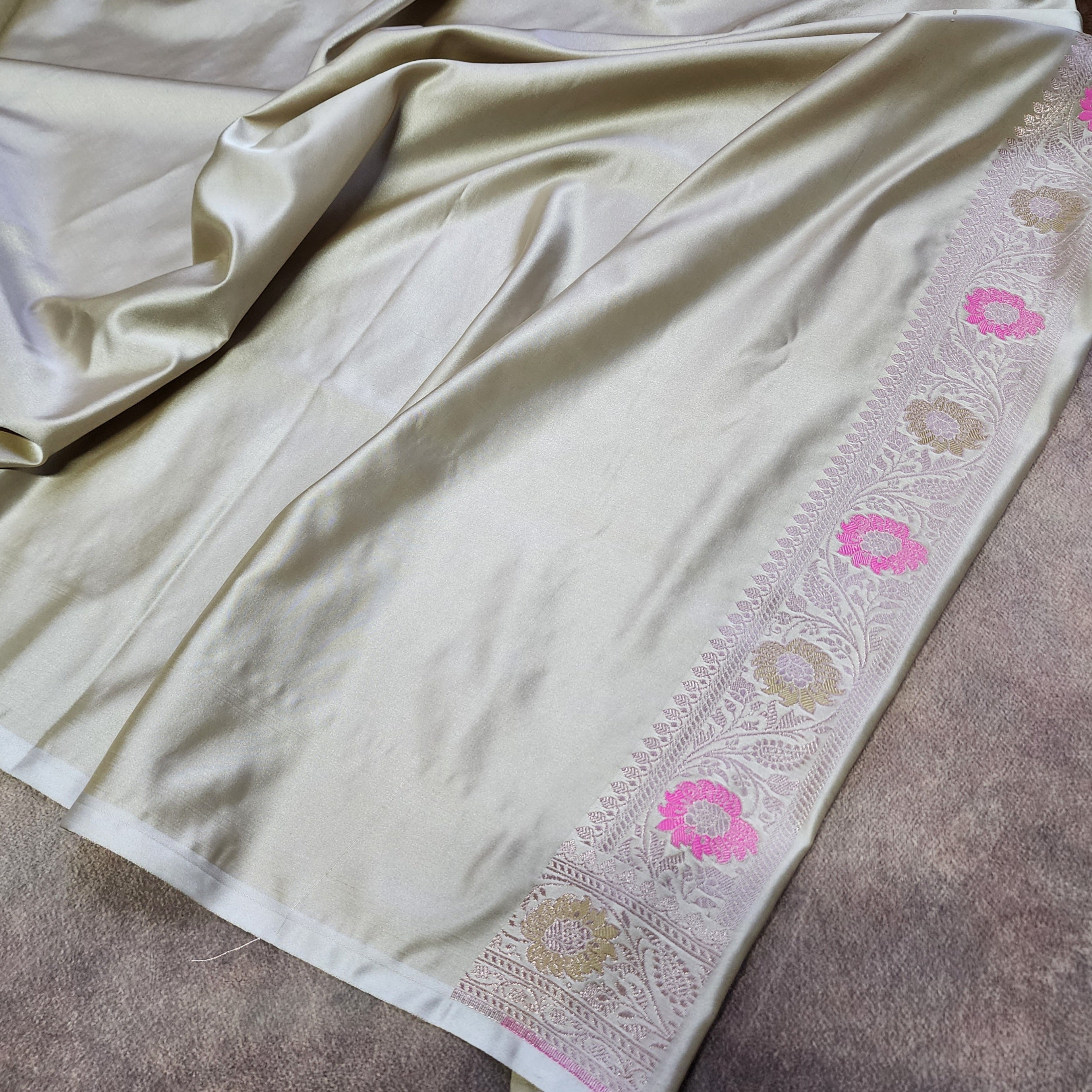 Enriched Banarasi Katan Silk Saree | Light Olive Green Multicolor Meenakari Floral Jaal