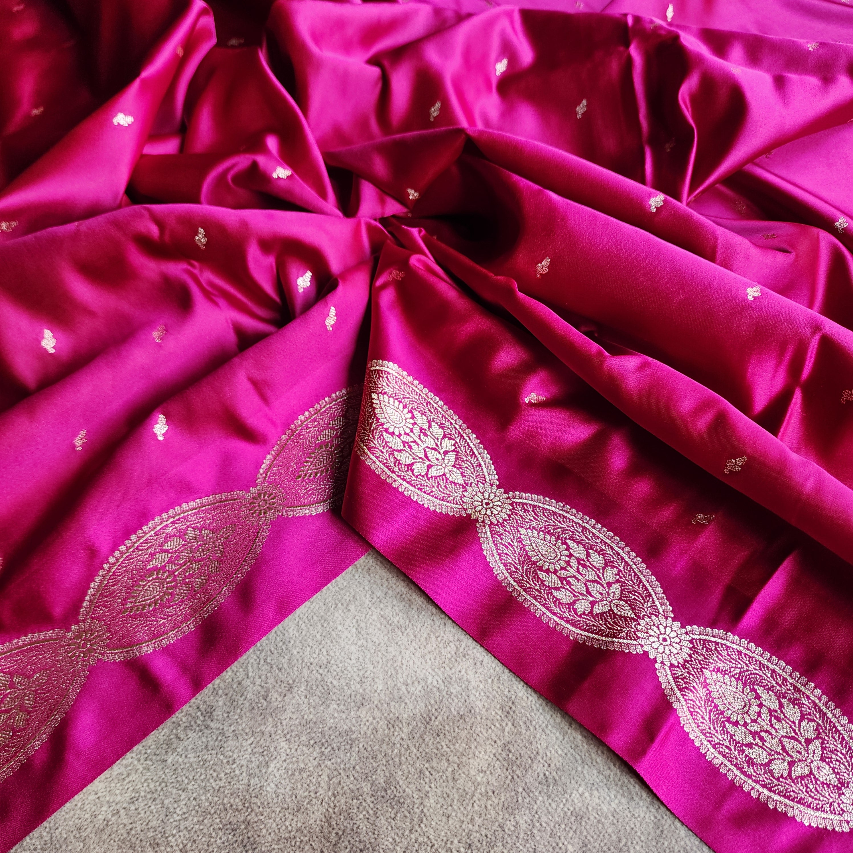 Bright Pink Pure Banarasi Katan Silk Saree with Gold Zari Weaving