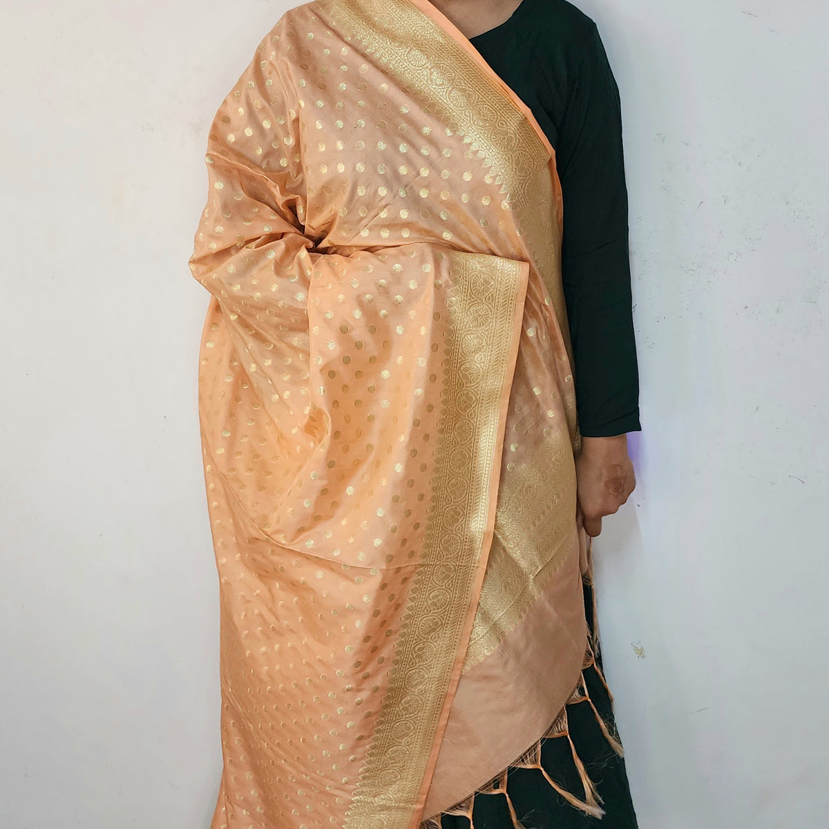 Peach Banarasi Silk Dupatta with Gold Polka Dot
