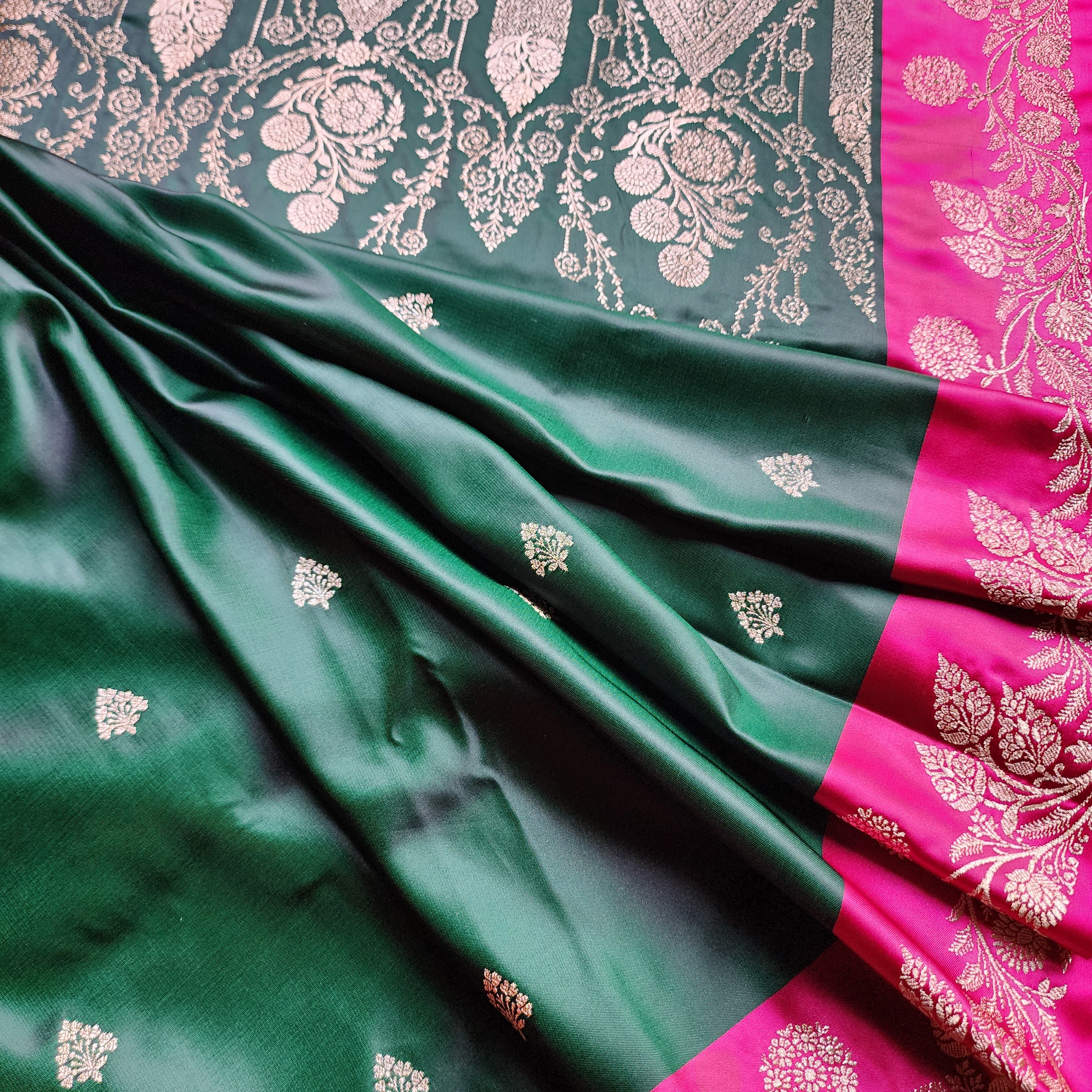 Emerald Green Pure Banarasi Katan Silk Saree with Bright Pink Border