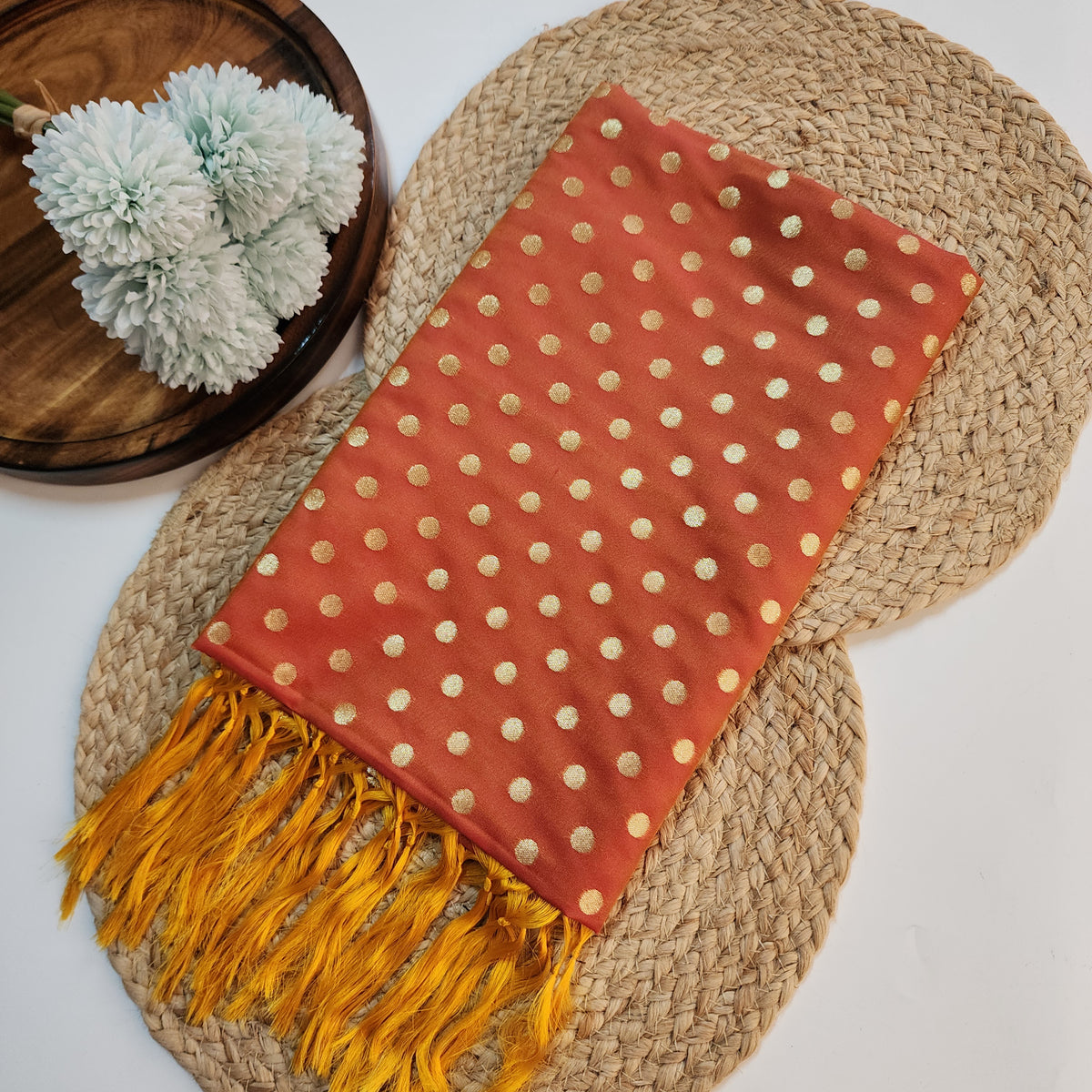 Peach Orange Banarasi Silk Dupatta with Gold Polka Dot