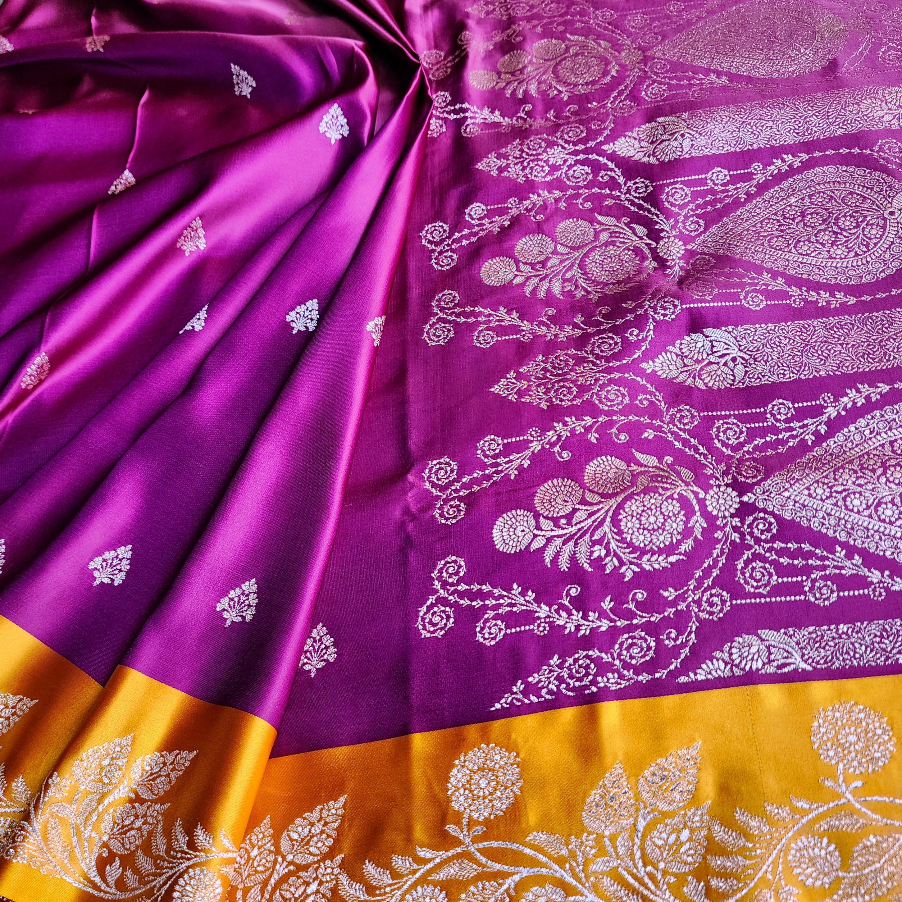 Wine Maroon Pure Banarasi Katan Silk Saree with Mustard Yellow Border