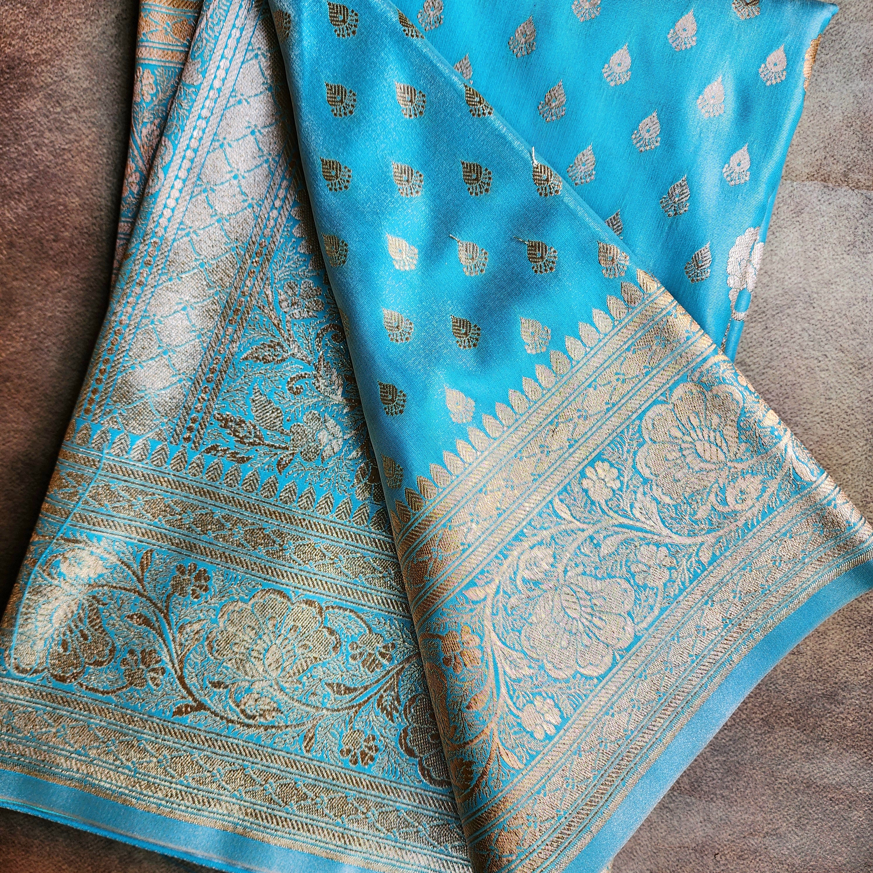 Rich Sky Blue Banarasi Silk Saree with Gold Zari Weaving