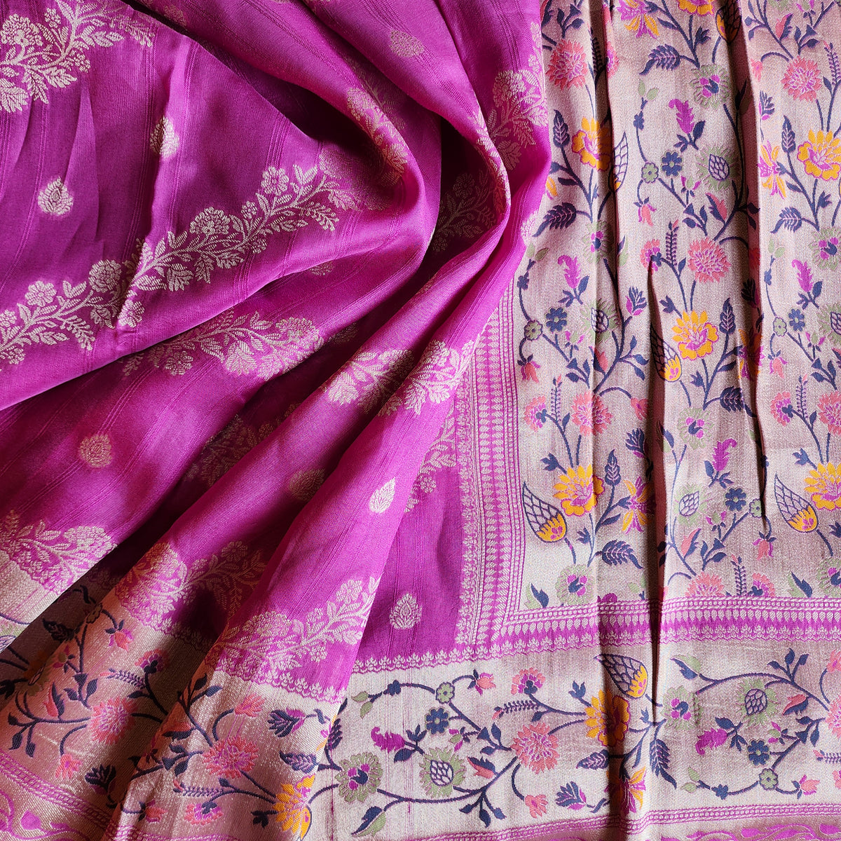 Soft Lavender Orchid Raw Silk Saree with Pastel Floral Weaving and Ivory Border