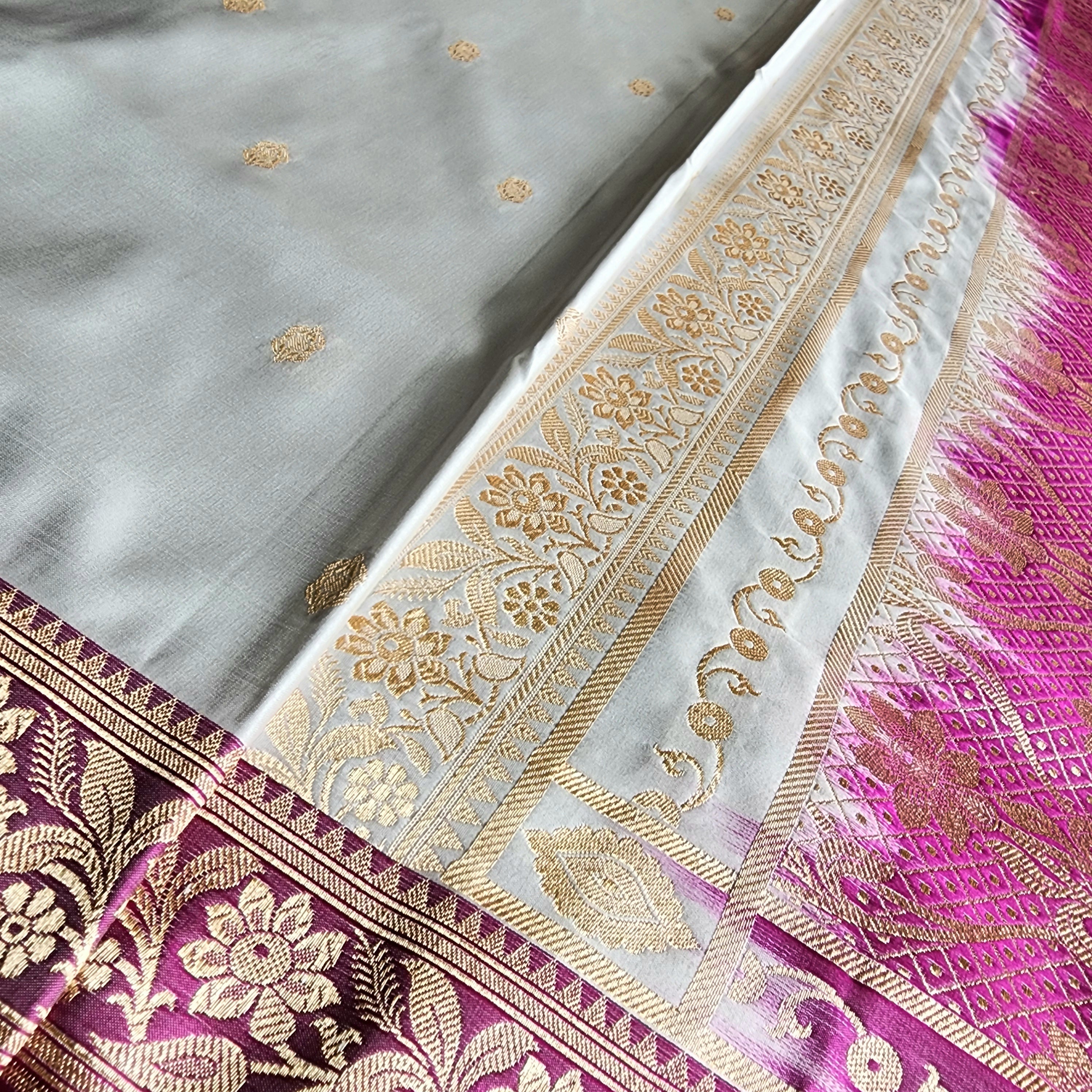 Powder Blue Katan Silk Saree with Purple and Gold Zari Border