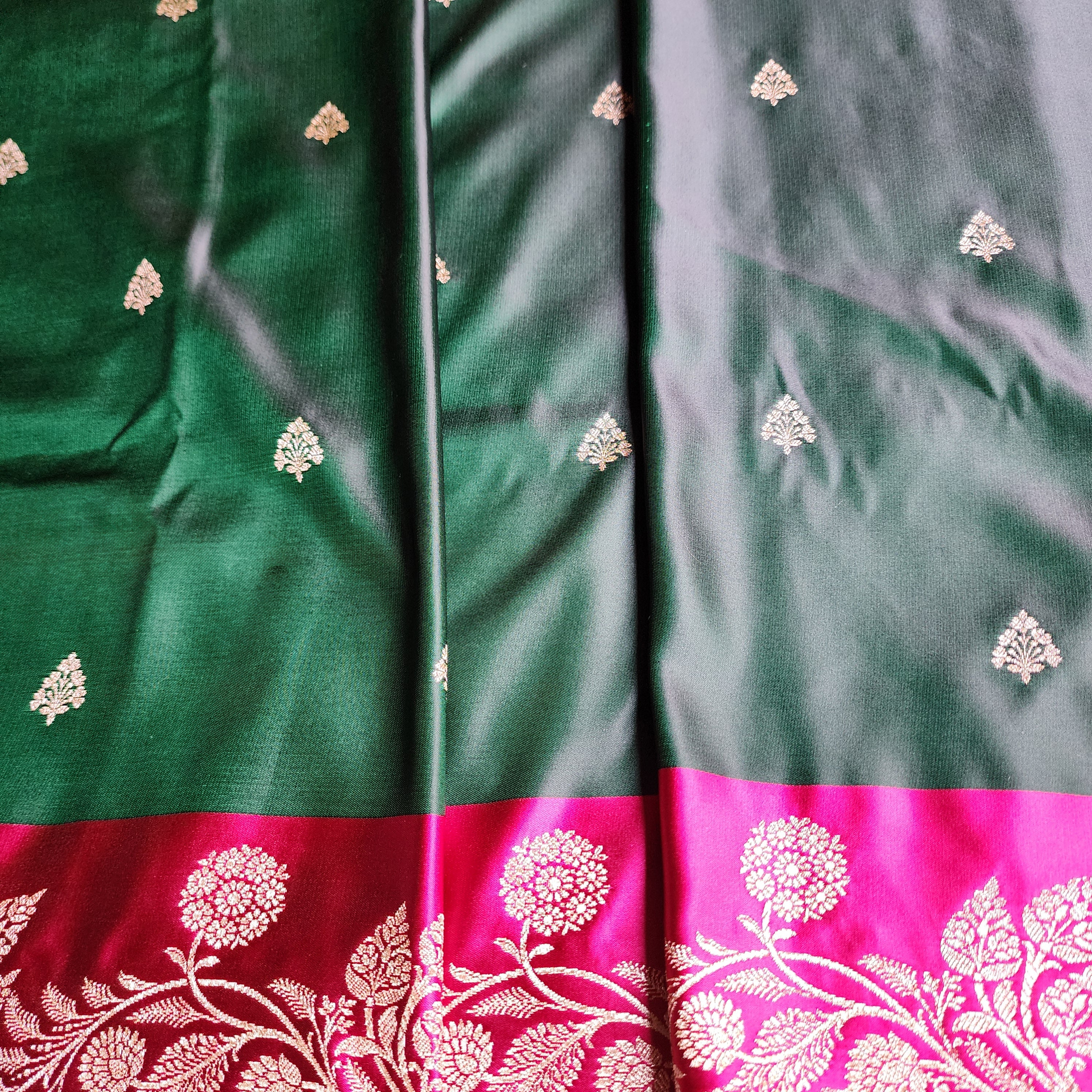 Emerald Green Pure Banarasi Katan Silk Saree with Bright Pink Border