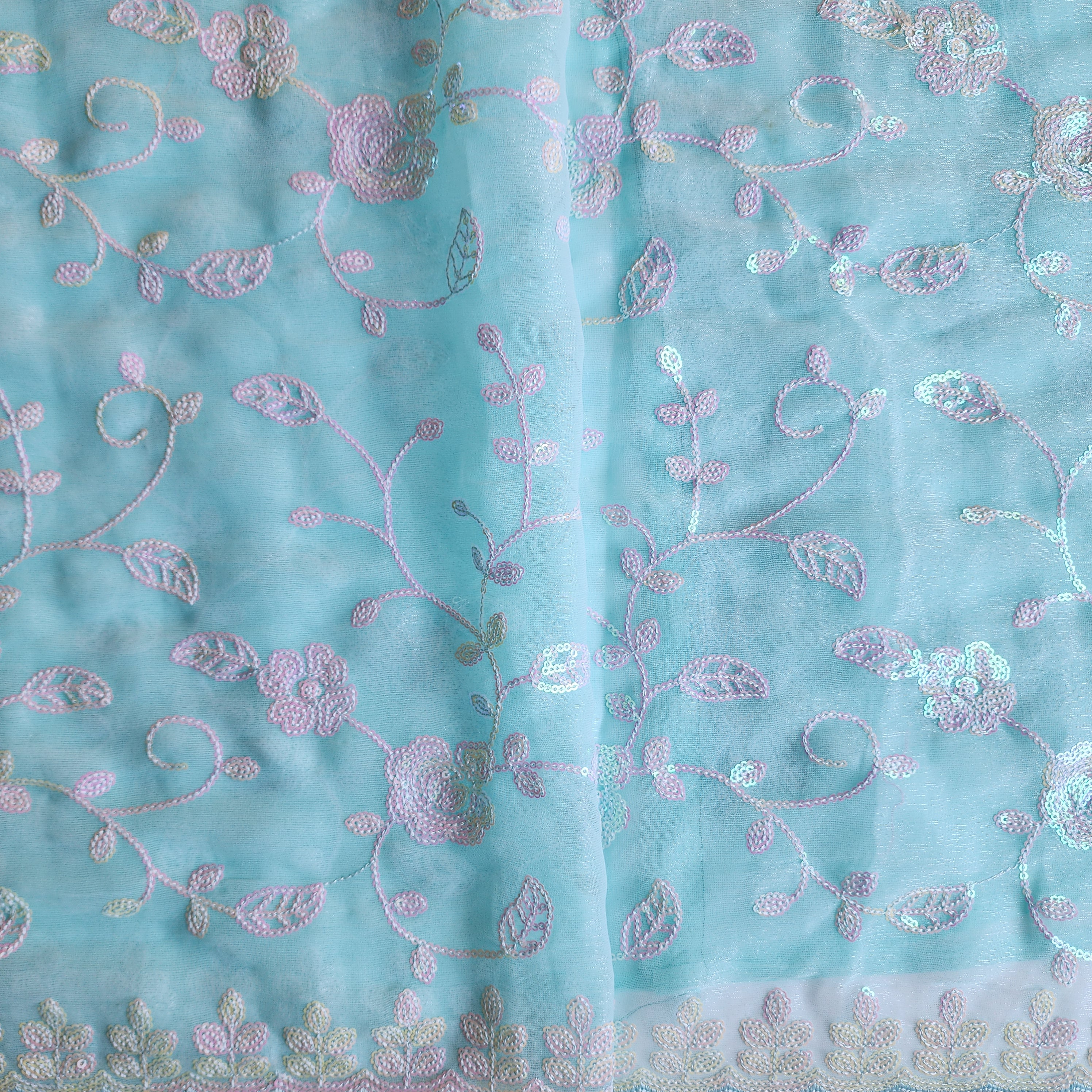 Georgette Designer Sequinned Saree - Mint Aqua